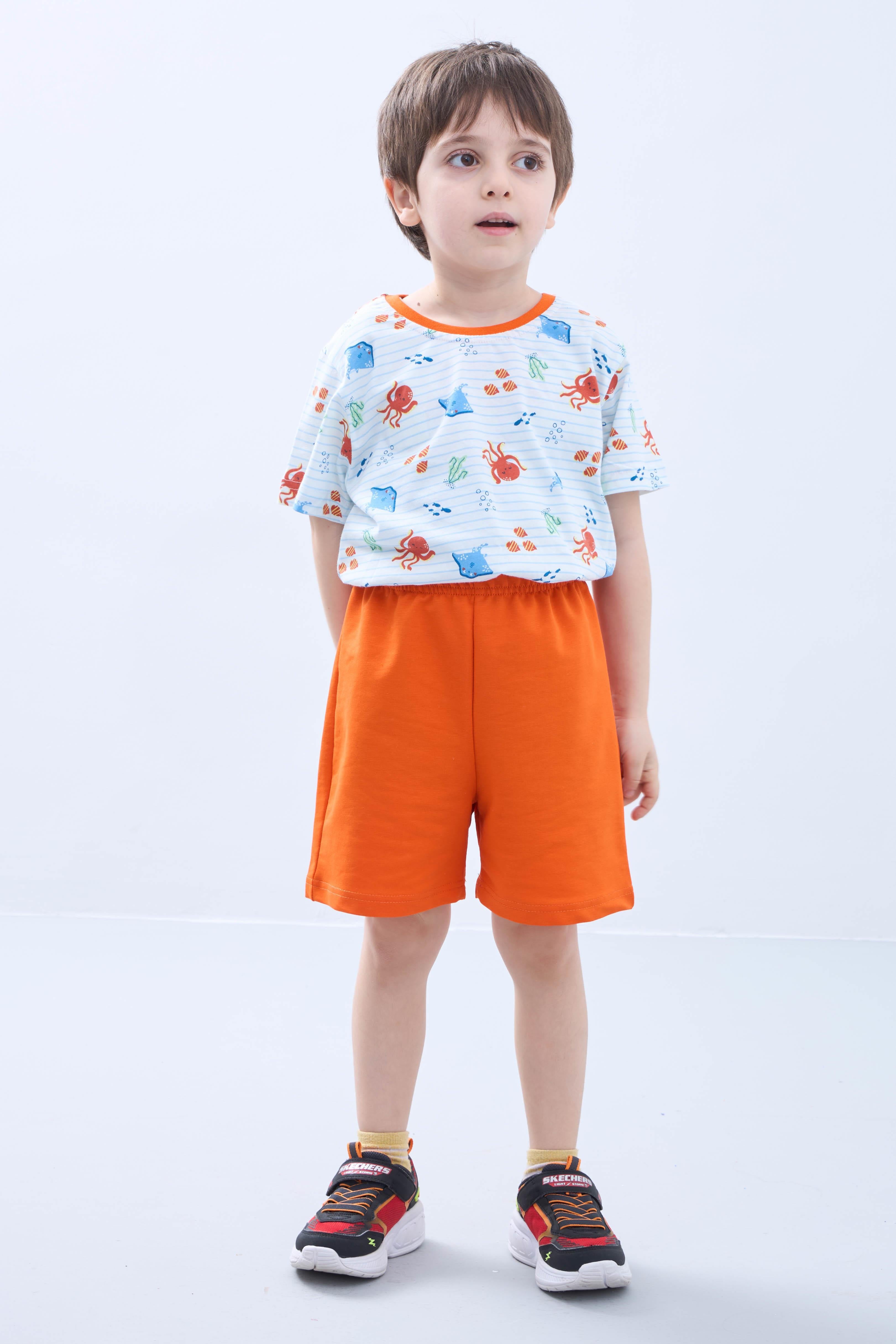 Erkek Çocuk Şortlu Takım Ahtapot Desenli Kısa Kollu Tişört & Şort Yazlık Takım