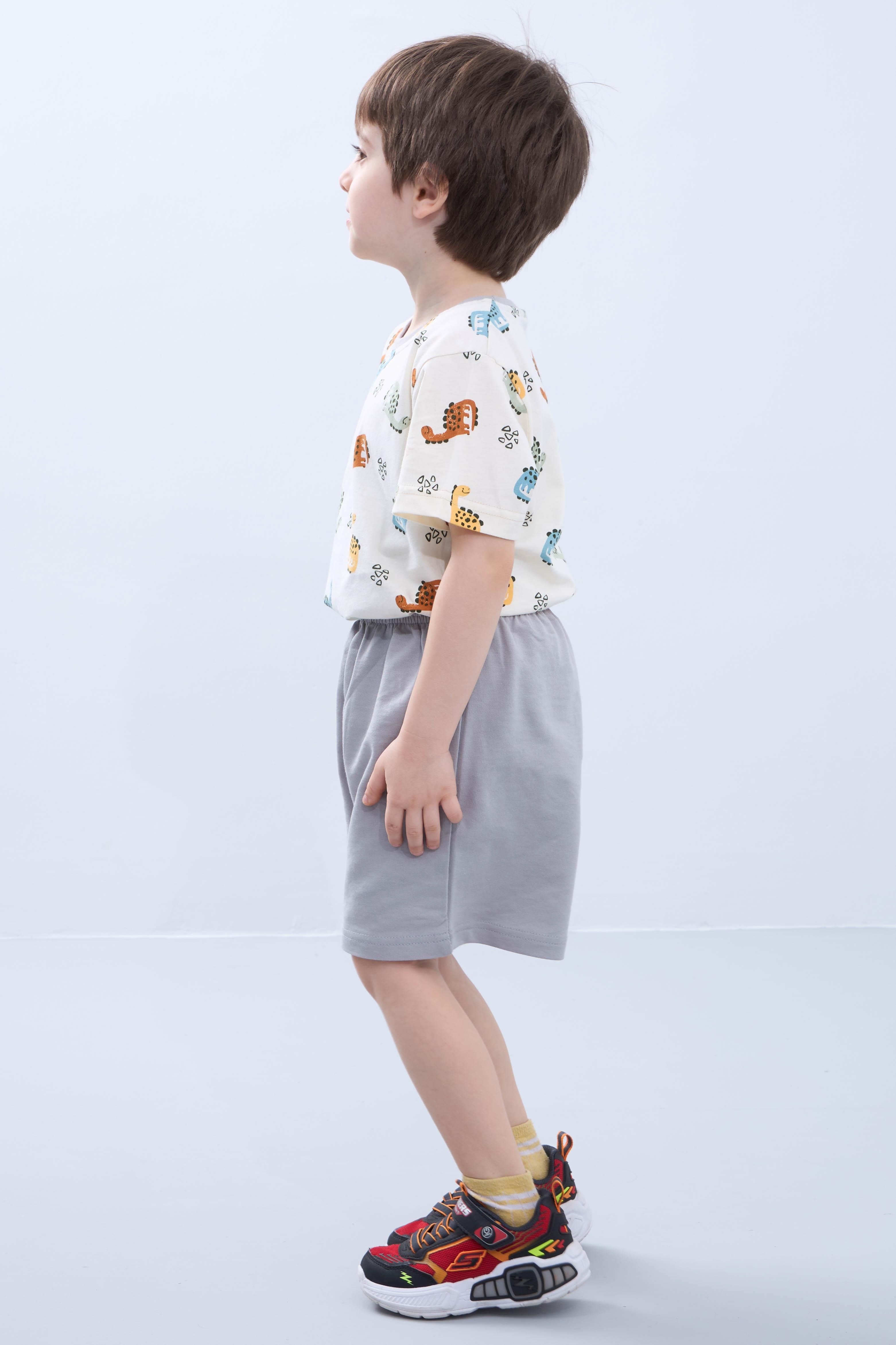 Erkek Çocuk Şortlu Takım Dinozor Desenli Kısa Kollu Tişört &sı Şort Yazlık Takım