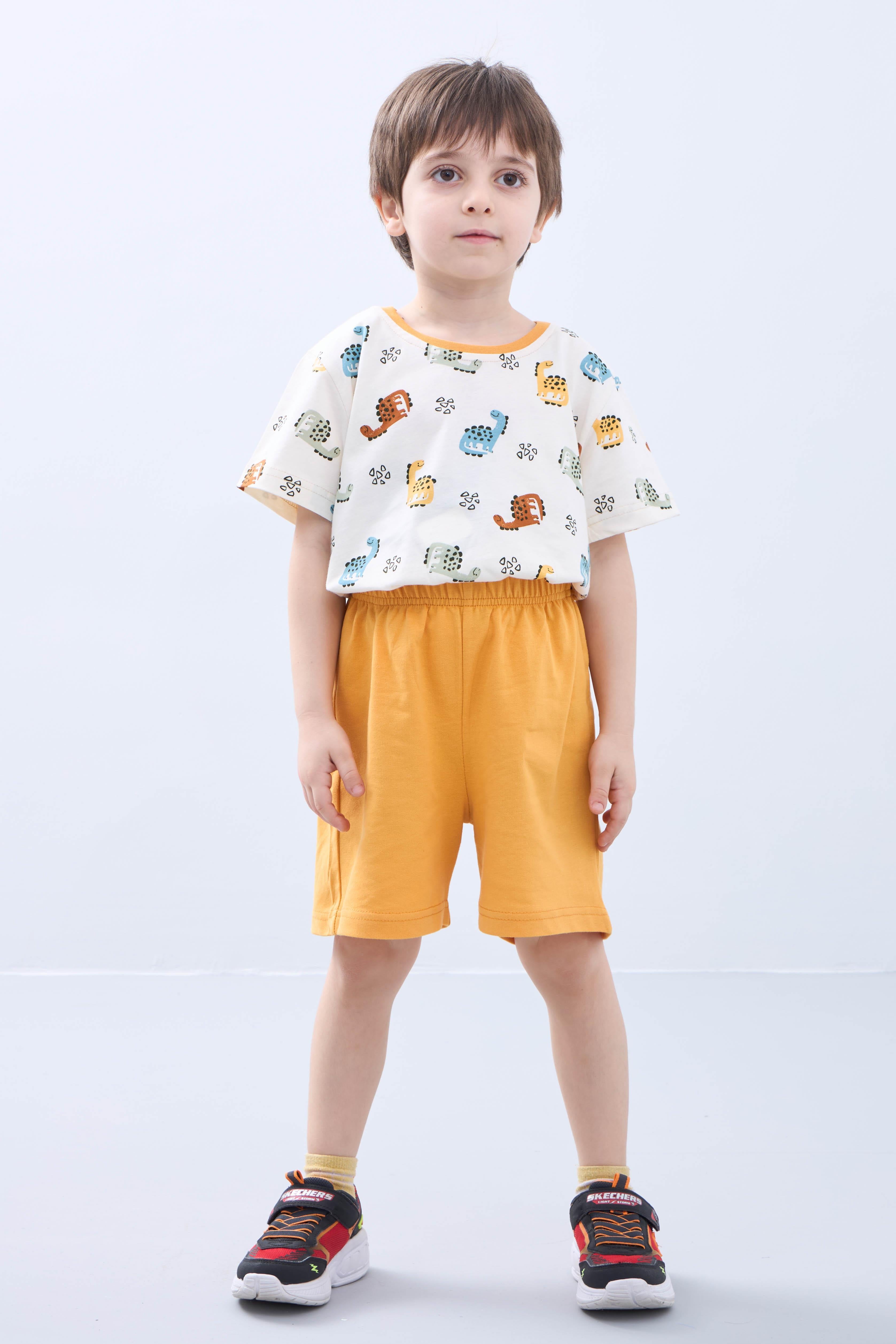 Erkek Çocuk Şortlu Takım Dinozor Desenli Kısa Kollu Tişört &sı Şort Yazlık Takım