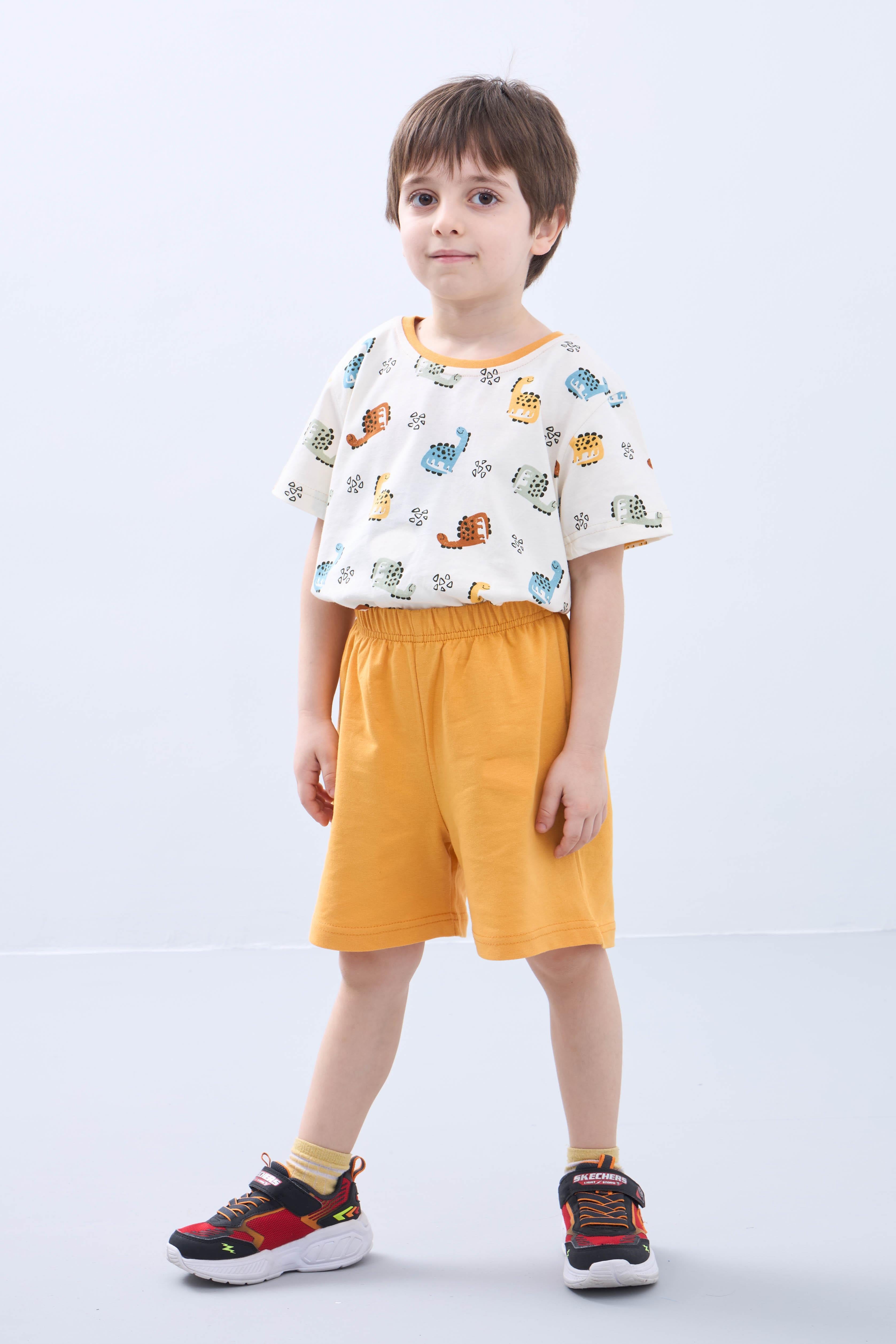 Erkek Çocuk Şortlu Takım Dinozor Desenli Kısa Kollu Tişört &sı Şort Yazlık Takım