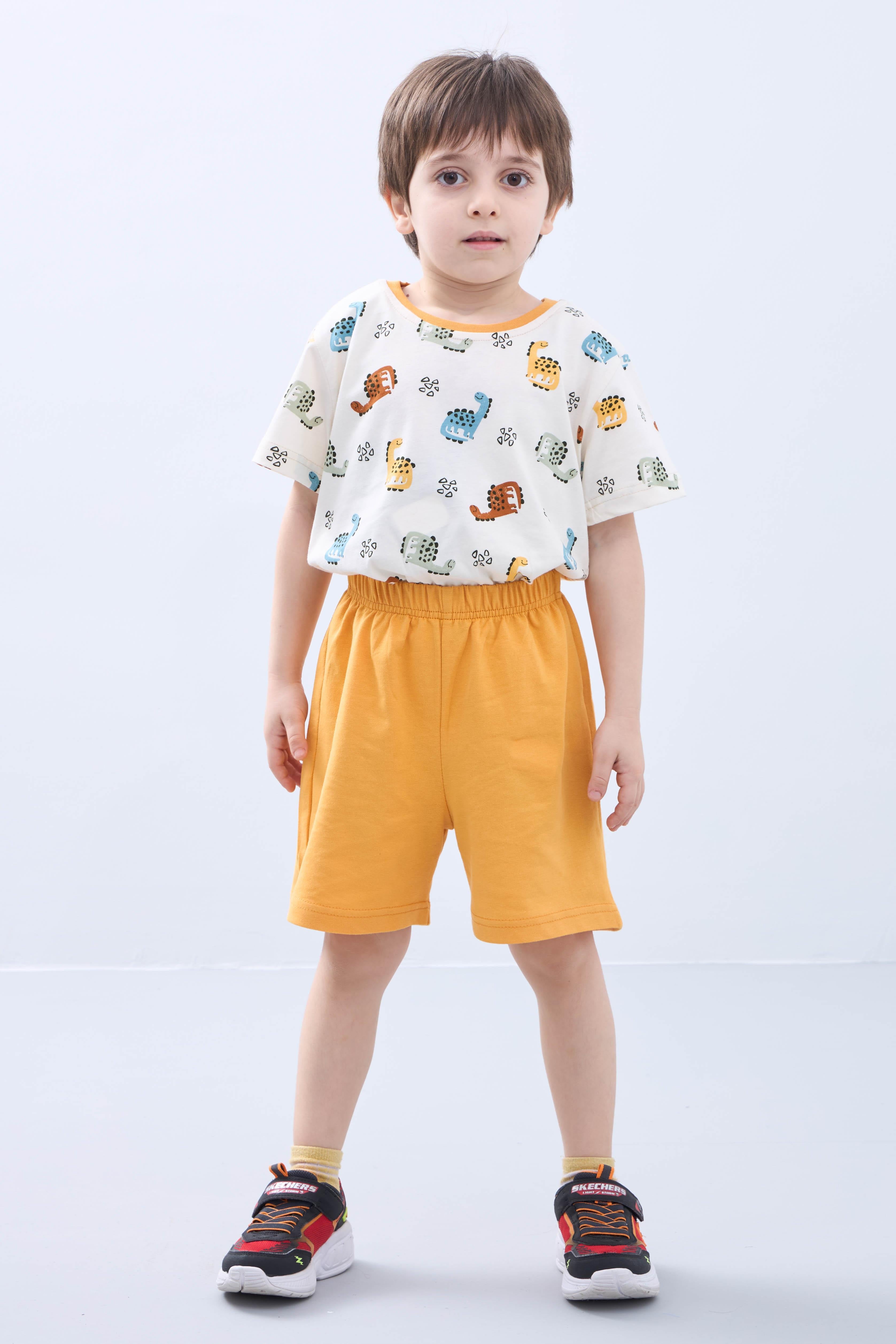 Erkek Çocuk Şortlu Takım Dinozor Desenli Kısa Kollu Tişört &sı Şort Yazlık Takım