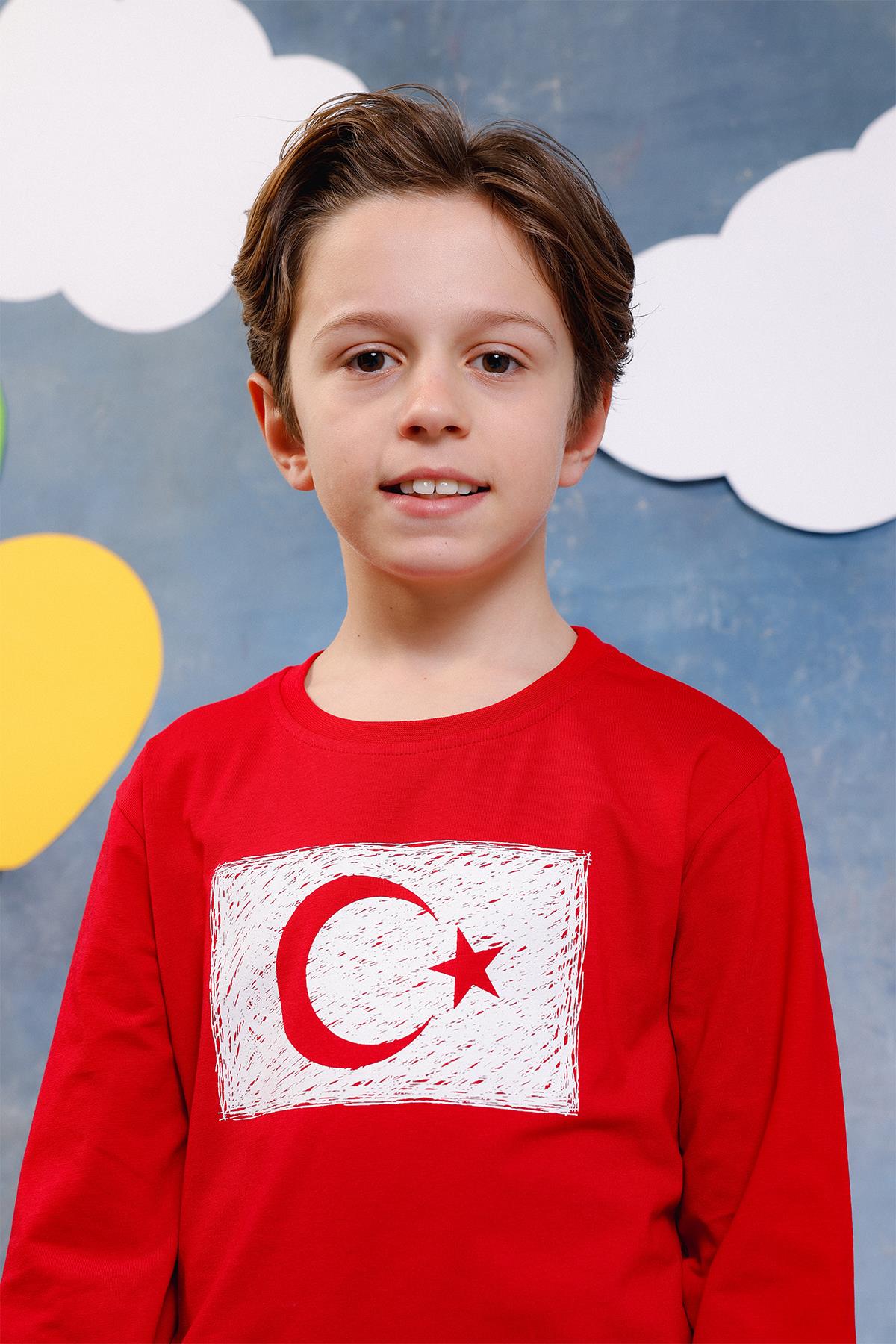 Erkek Çocuk Türk Bayrak Baskılı Uzun Kollu Tişört