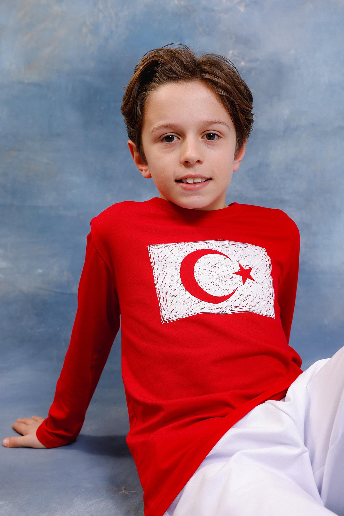 Erkek Çocuk Türk Bayrak Baskılı Uzun Kollu Tişört