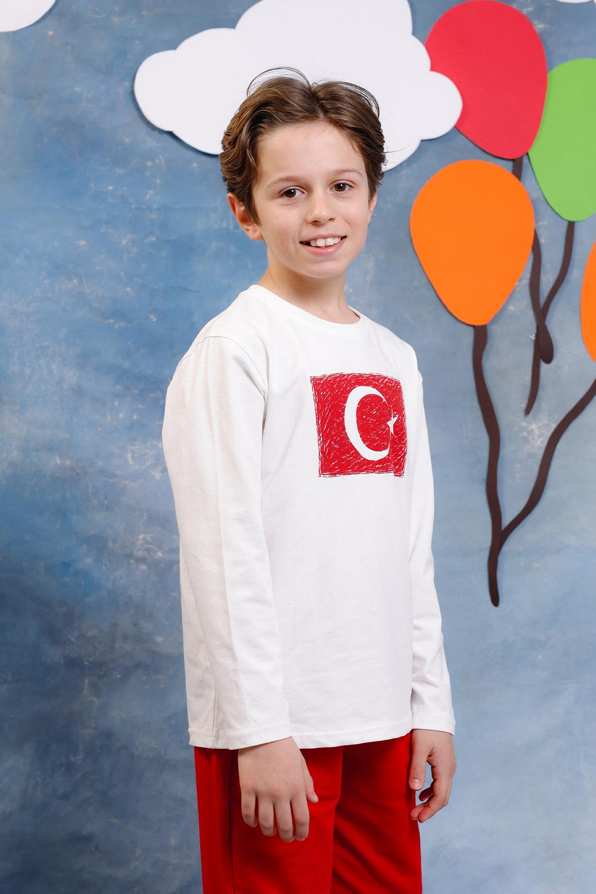 Erkek Çocuk Türk Bayrak Baskılı Uzun Kollu Tişört