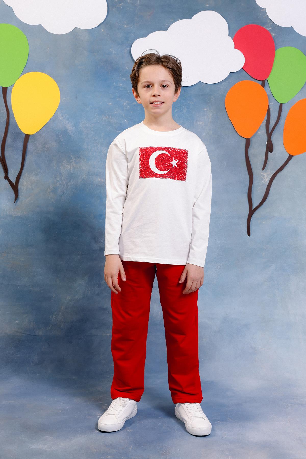 Erkek Çocuk Türk Bayrak Baskılı Uzun Kollu Tişört