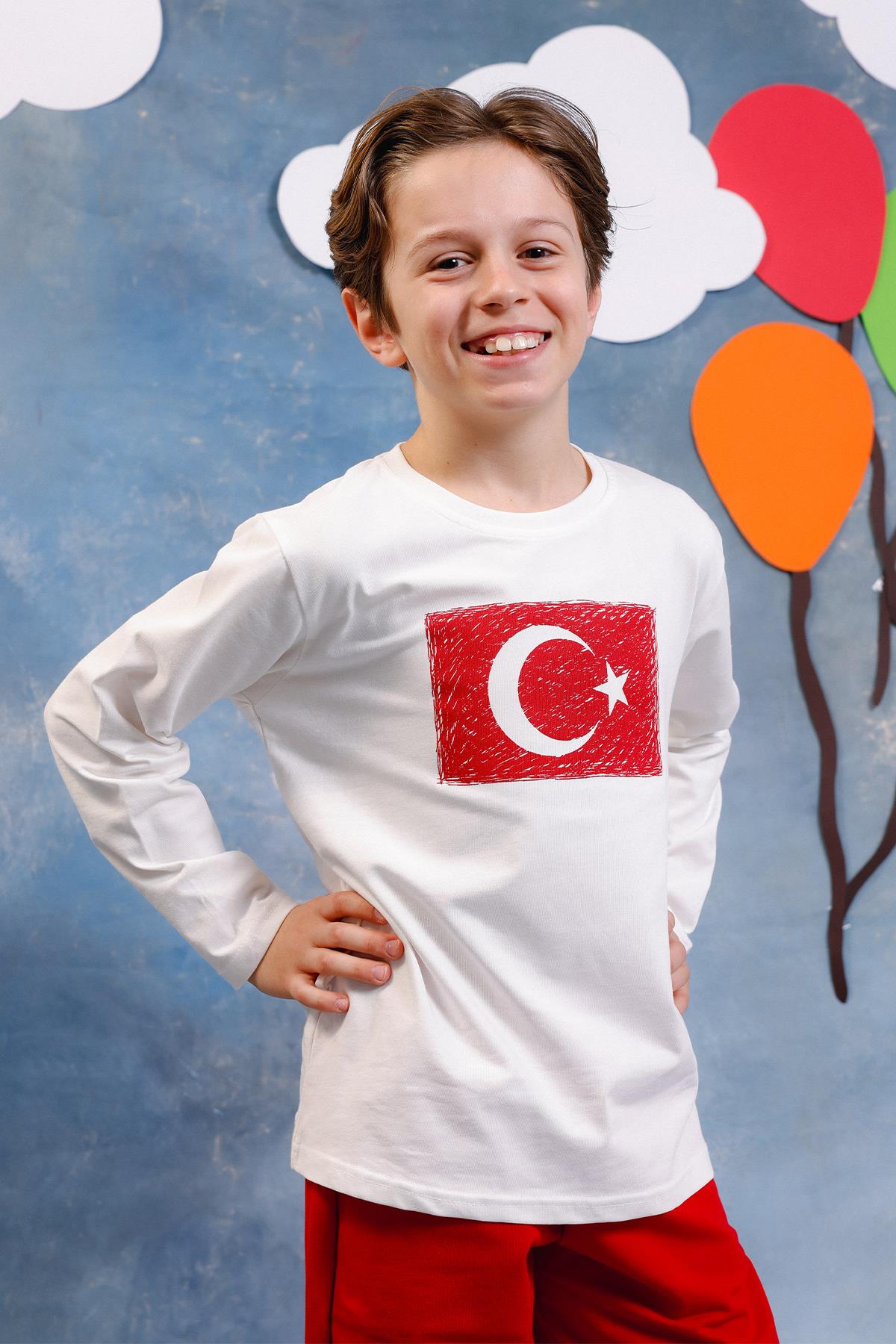 Erkek Çocuk Türk Bayrak Baskılı Uzun Kollu Tişört