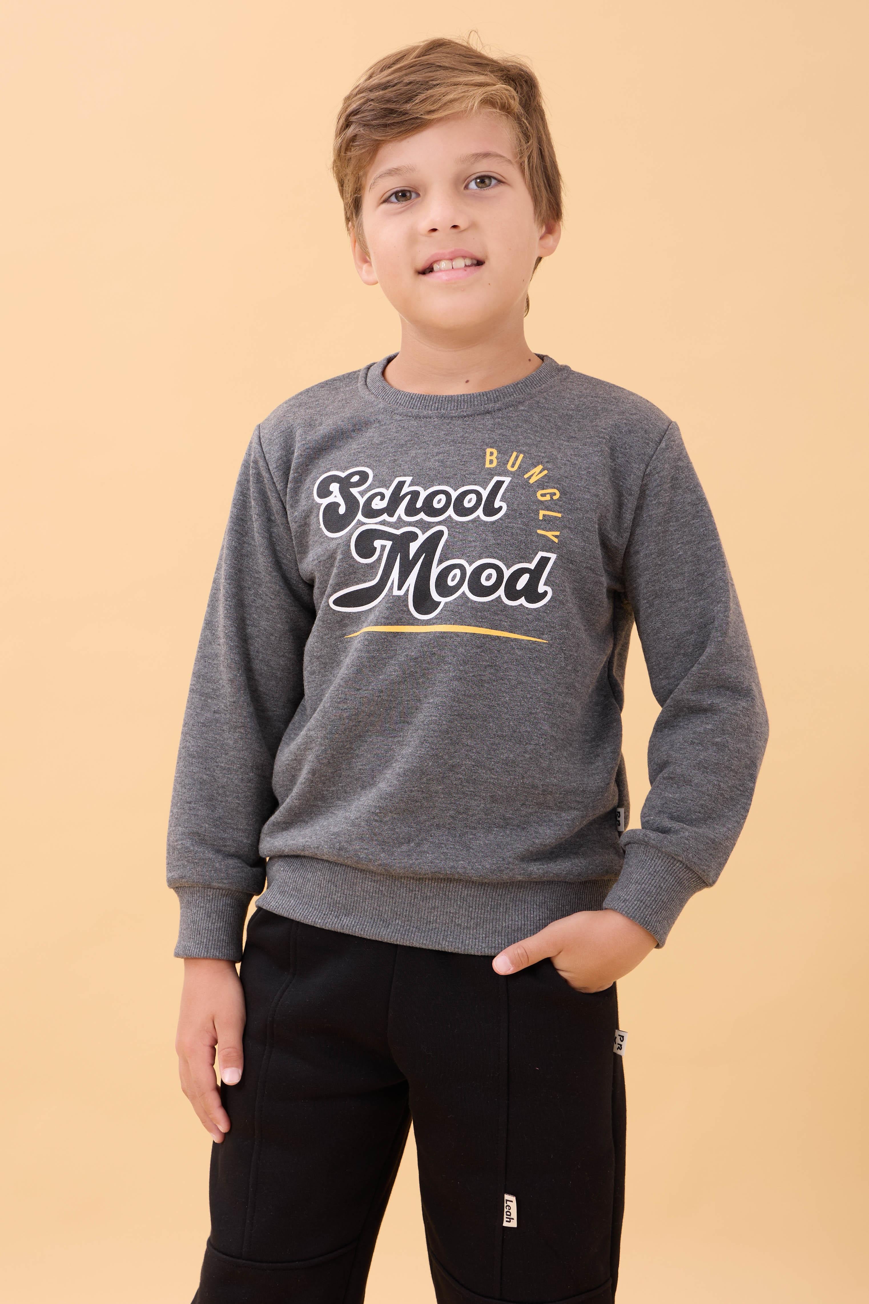 Erkek ve Kız Çocuk Okul Baskılı Bisiklet Yaka Mevsimlik Sweatshirt Antrasit