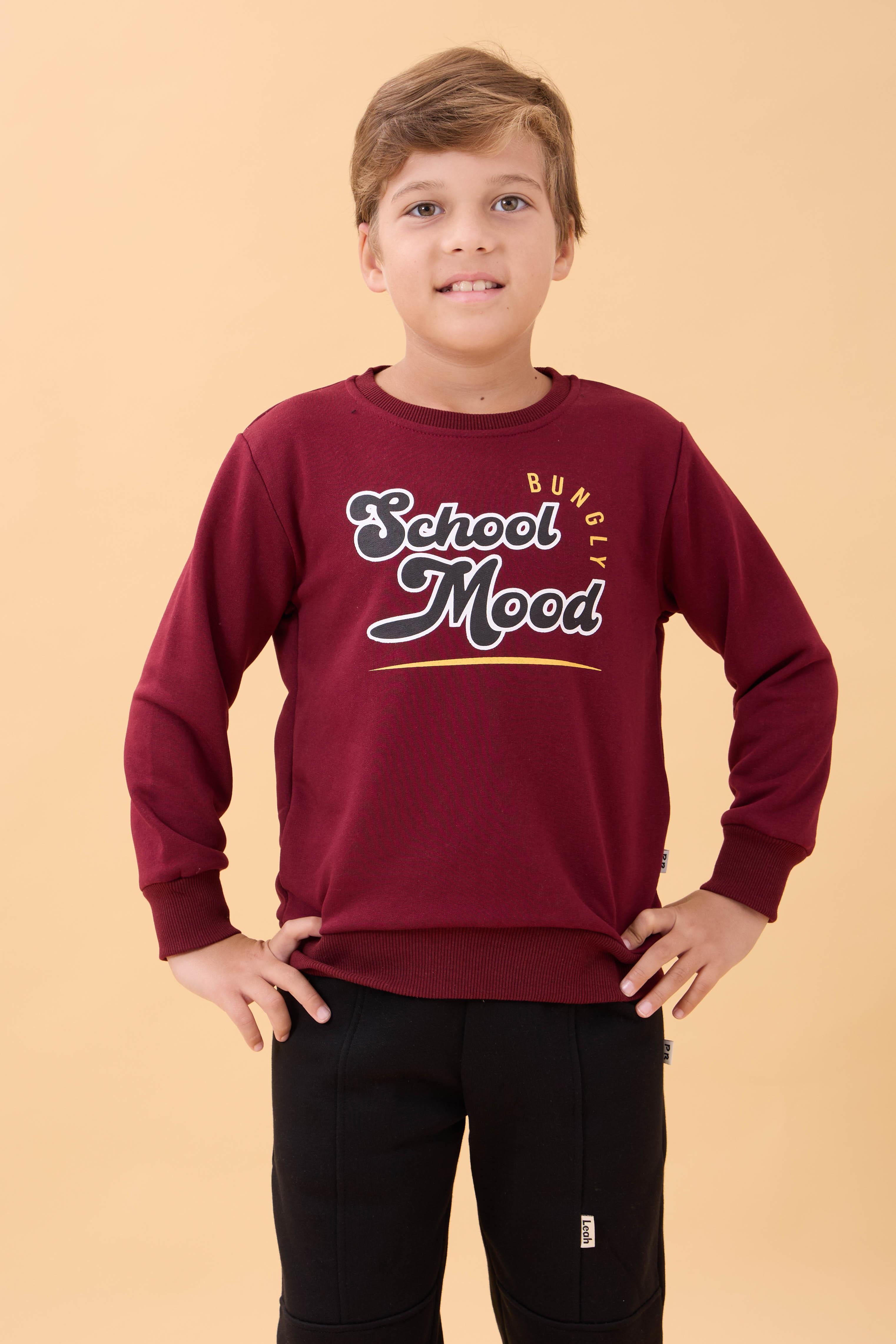 Erkek ve Kız Çocuk Okul Baskılı Bisiklet Yaka Mevsimlik Sweatshirt Bordo