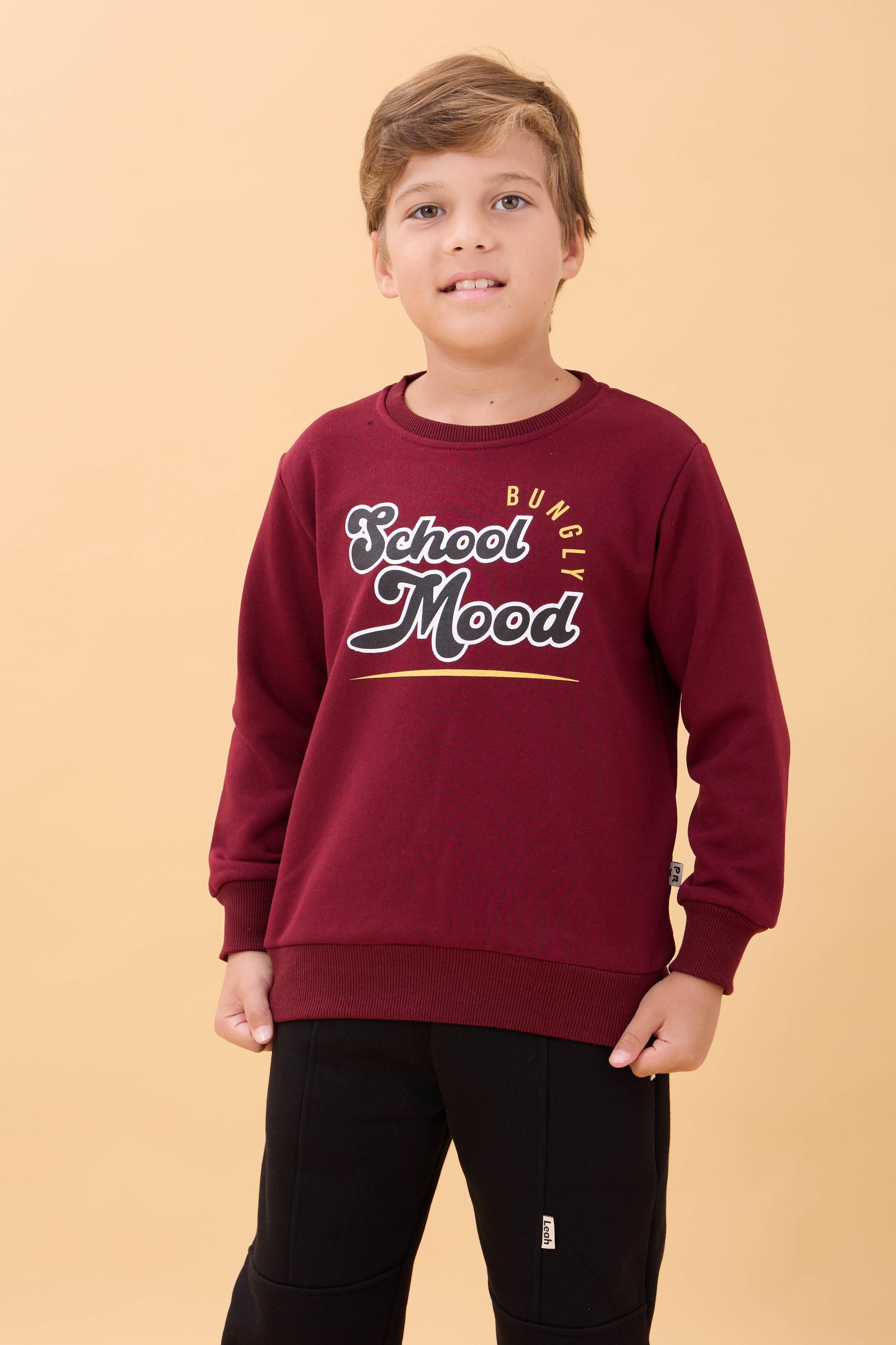 Erkek ve Kız Çocuk Okul Baskılı Bisiklet Yaka Mevsimlik Sweatshirt Bordo