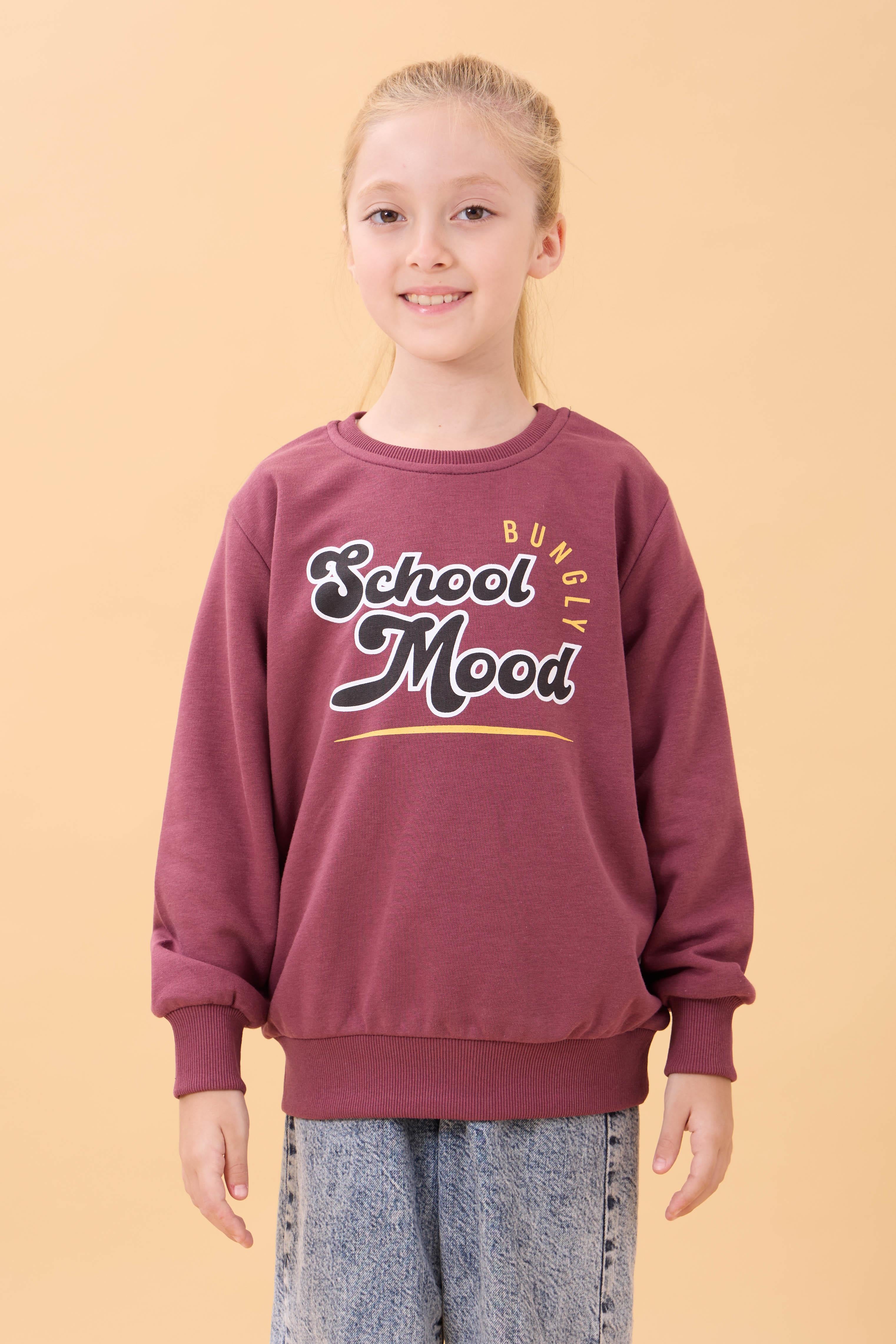 Erkek ve Kız Çocuk Okul Baskılı Bisiklet Yaka Mevsimlik Sweatshirt Gülkurusu