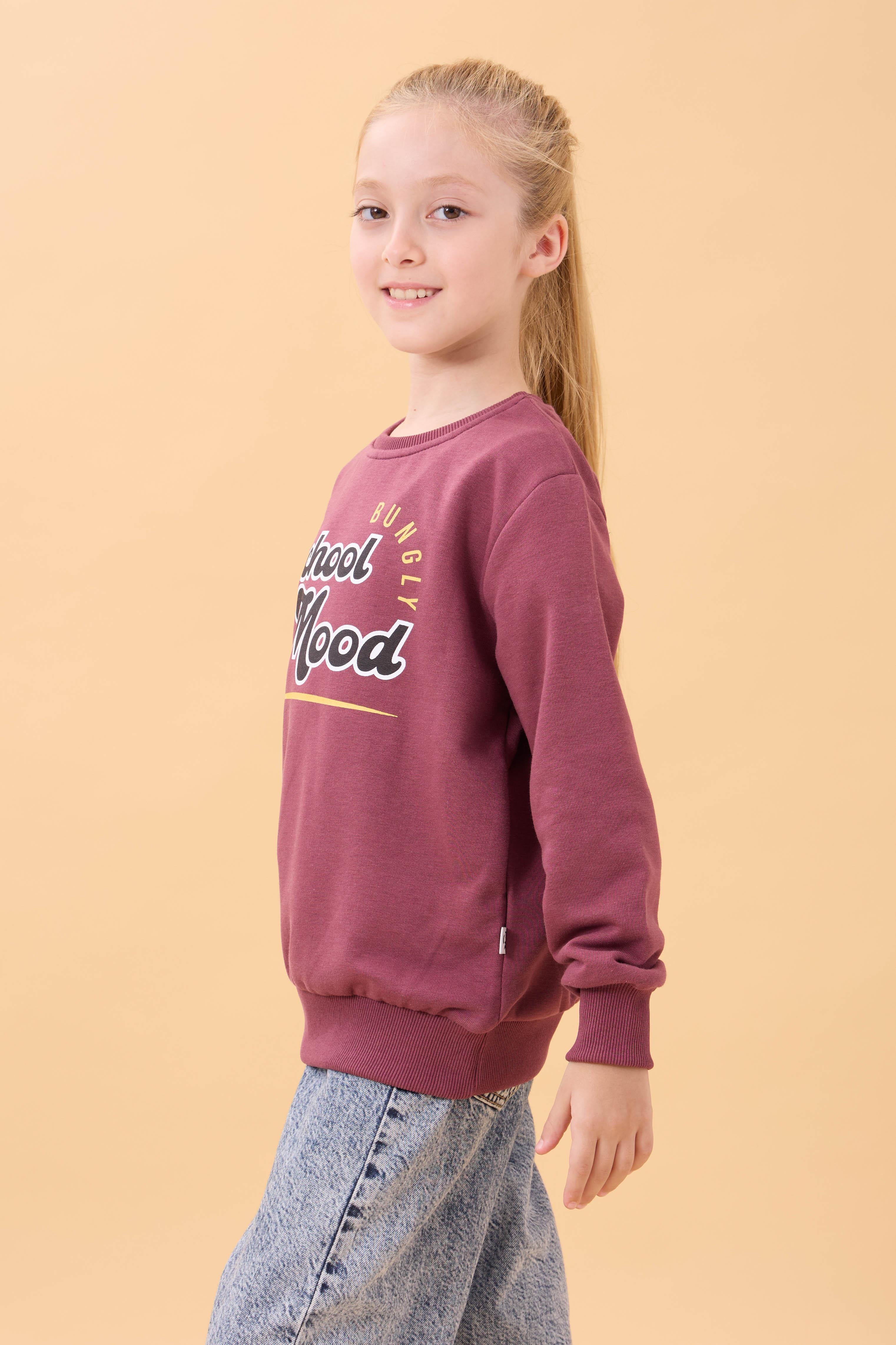 Erkek ve Kız Çocuk Okul Baskılı Bisiklet Yaka Mevsimlik Sweatshirt Gülkurusu