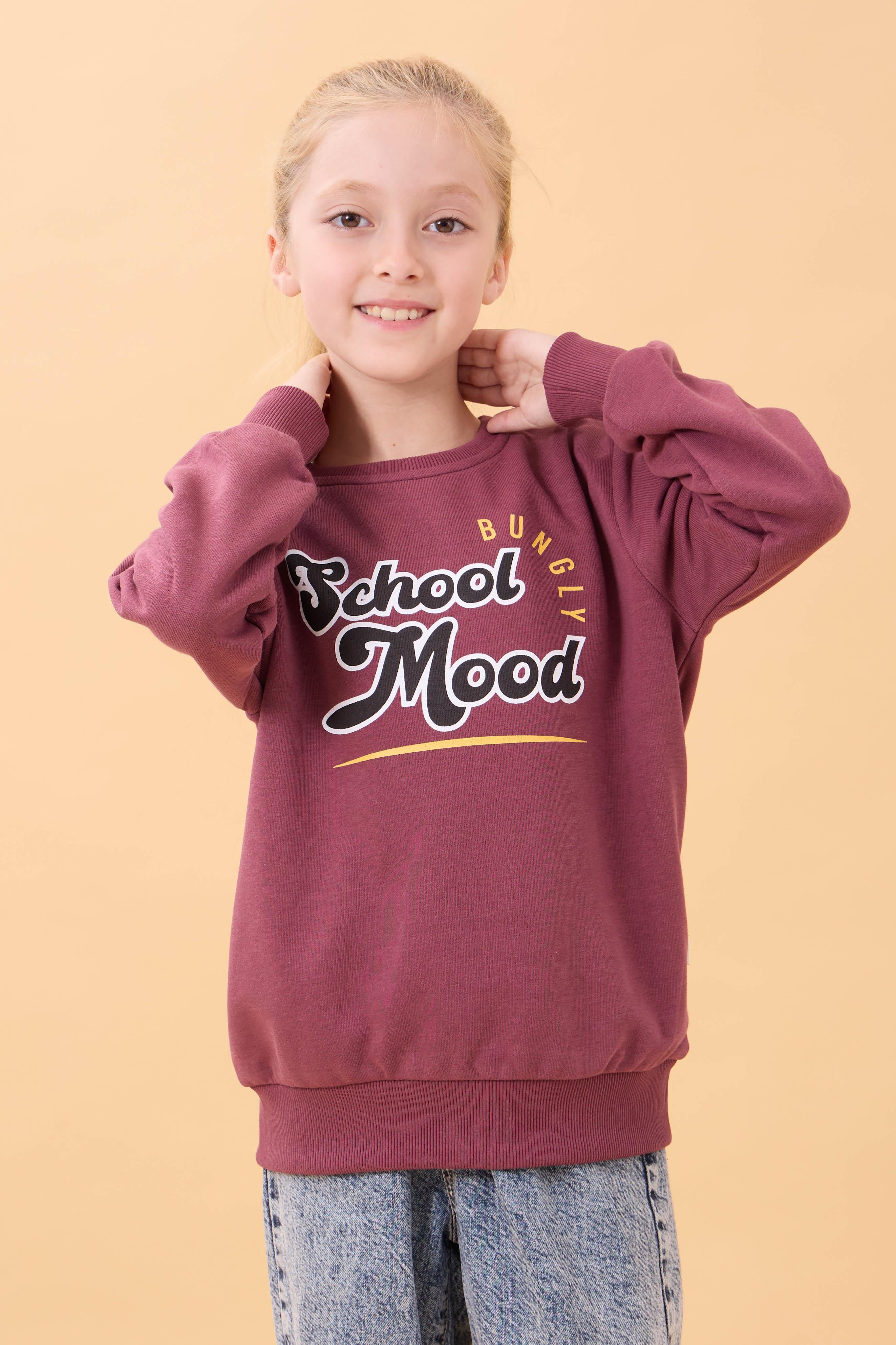 Erkek ve Kız Çocuk Okul Baskılı Bisiklet Yaka Mevsimlik Sweatshirt Gülkurusu