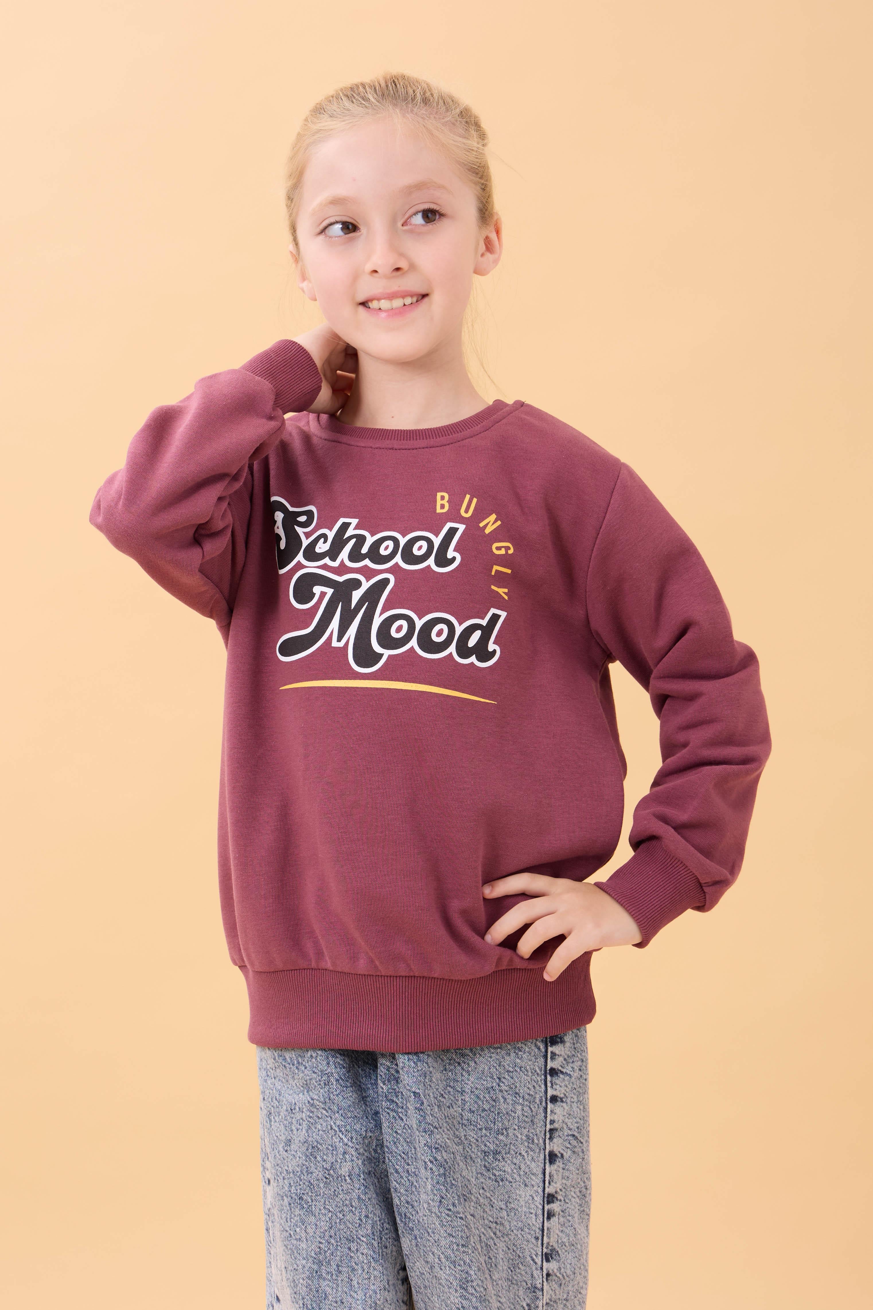 Erkek ve Kız Çocuk Okul Baskılı Bisiklet Yaka Mevsimlik Sweatshirt Gülkurusu