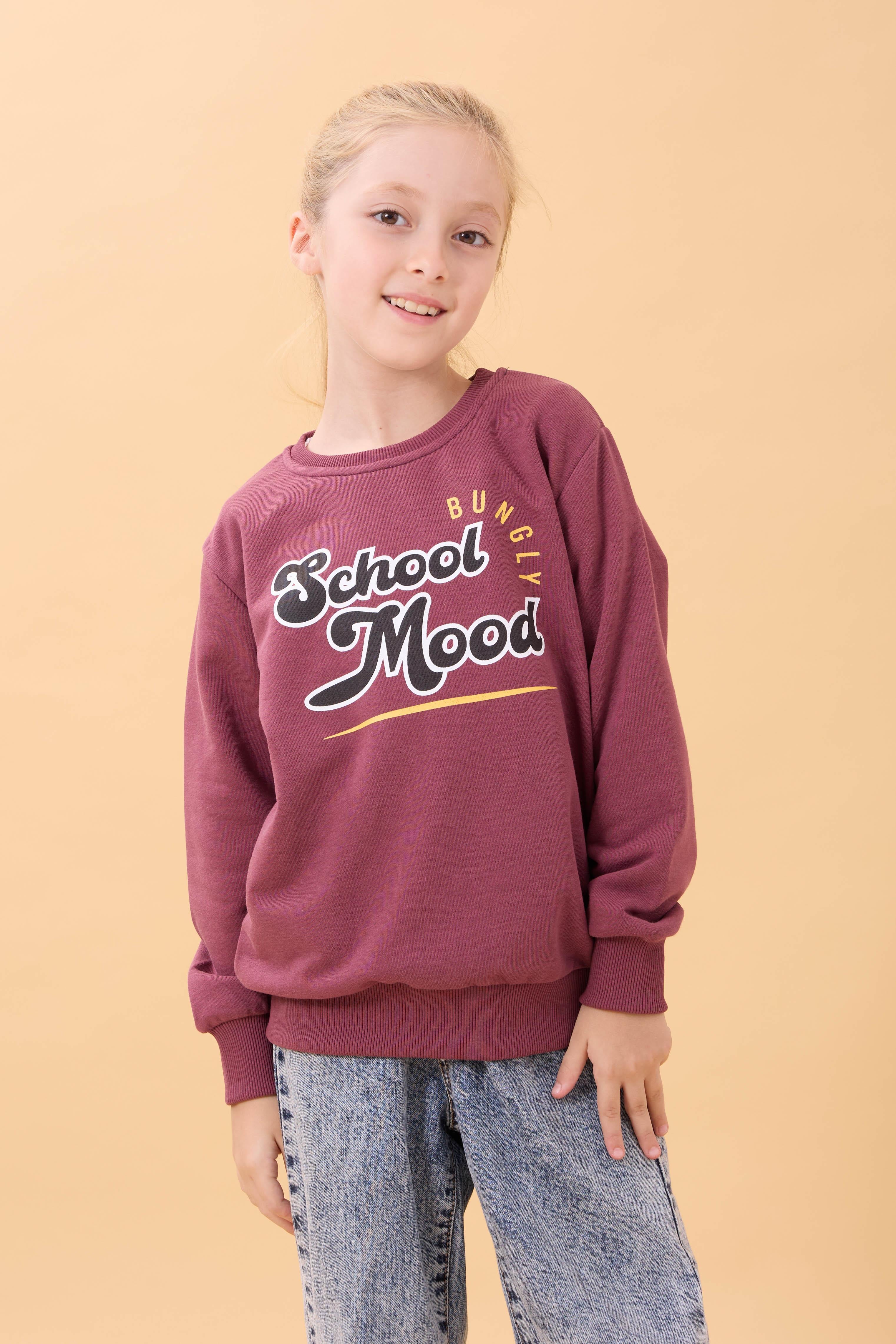 Erkek ve Kız Çocuk Okul Baskılı Bisiklet Yaka Mevsimlik Sweatshirt Gülkurusu