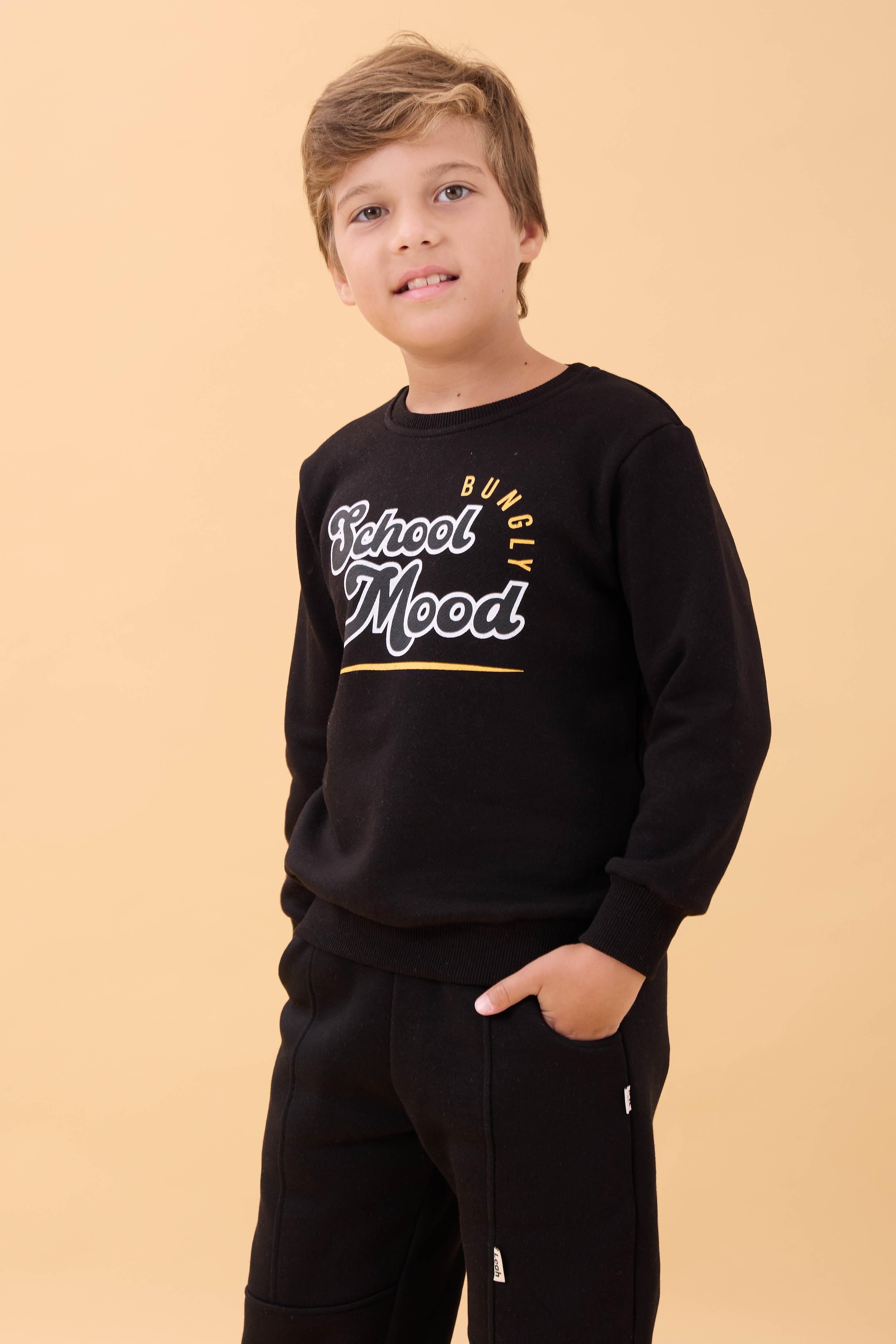 Erkek ve Kız Çocuk Okul Baskılı Bisiklet Yaka Mevsimlik Sweatshirt Siyah