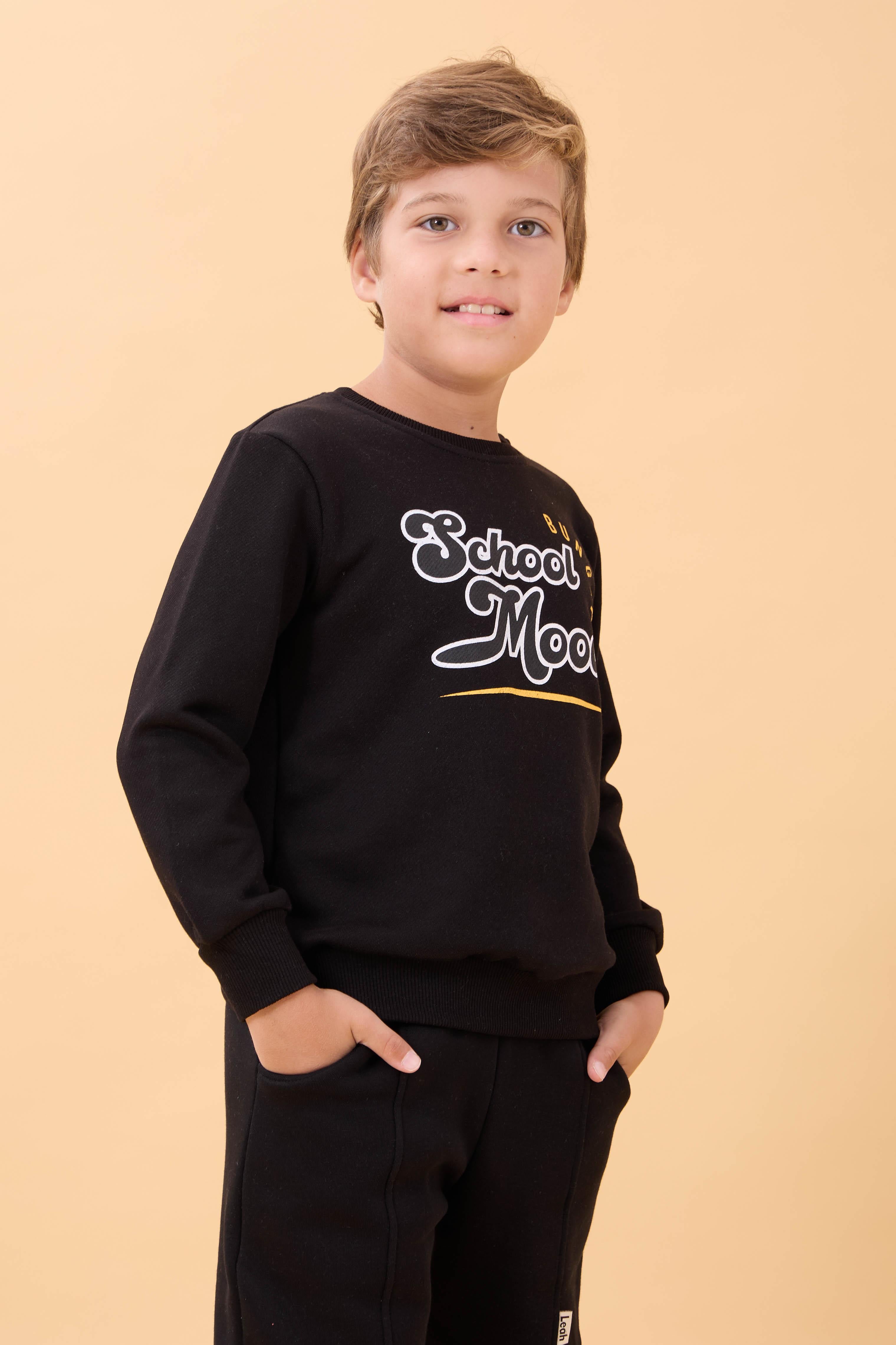 Erkek ve Kız Çocuk Okul Baskılı Bisiklet Yaka Mevsimlik Sweatshirt Siyah