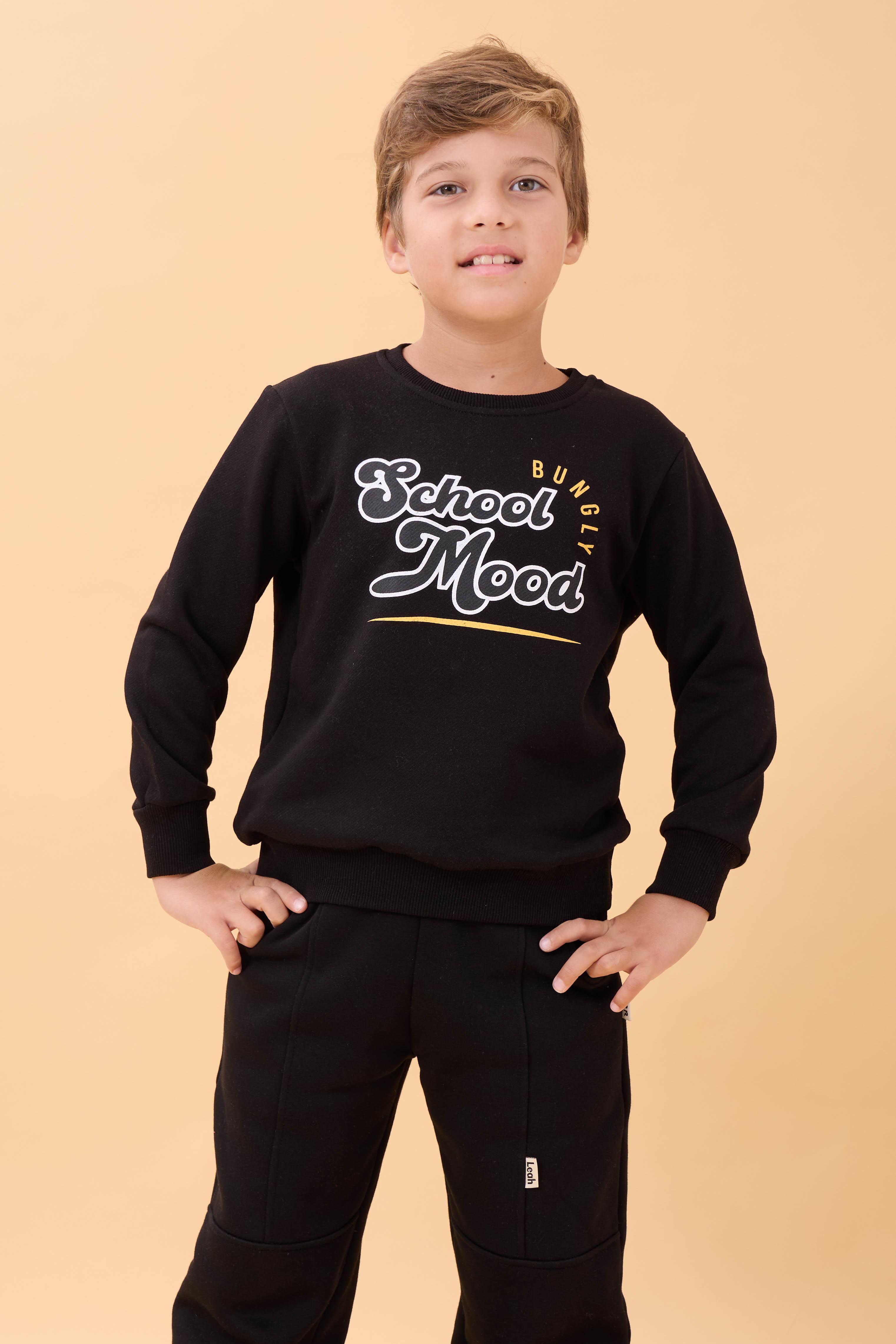 Erkek ve Kız Çocuk Okul Baskılı Bisiklet Yaka Mevsimlik Sweatshirt Siyah