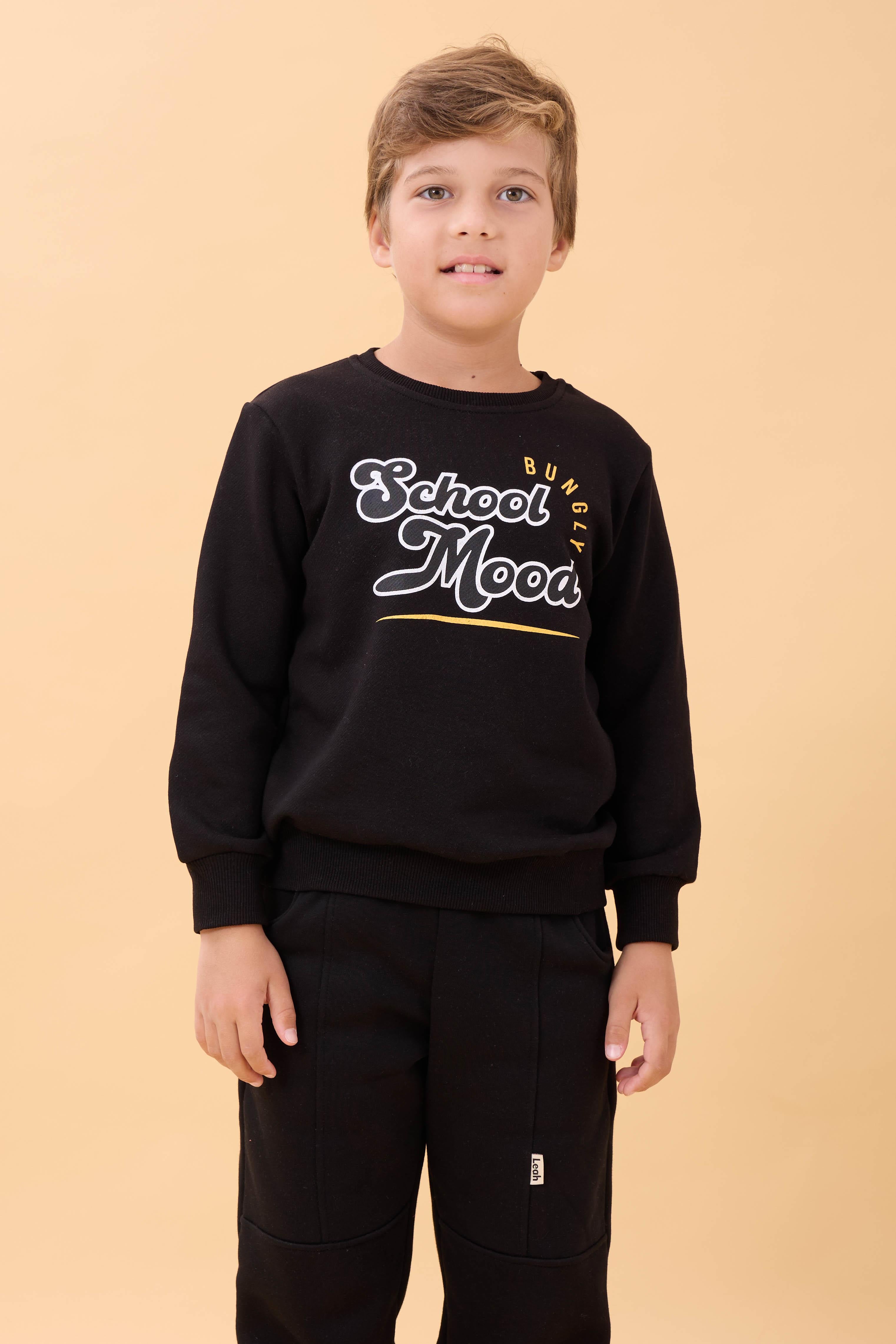 Erkek ve Kız Çocuk Okul Baskılı Bisiklet Yaka Mevsimlik Sweatshirt Siyah
