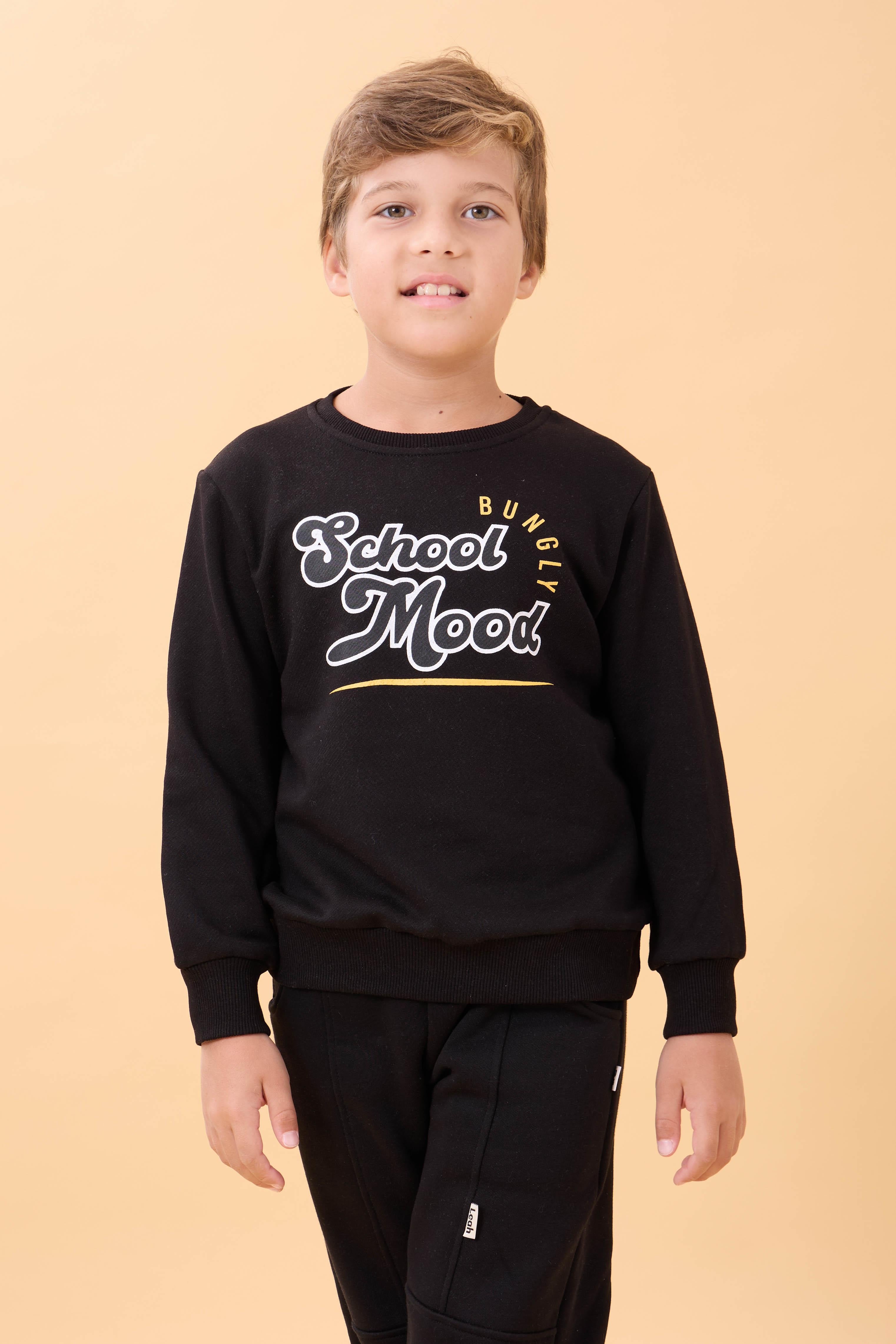 Erkek ve Kız Çocuk Okul Baskılı Bisiklet Yaka Mevsimlik Sweatshirt Siyah