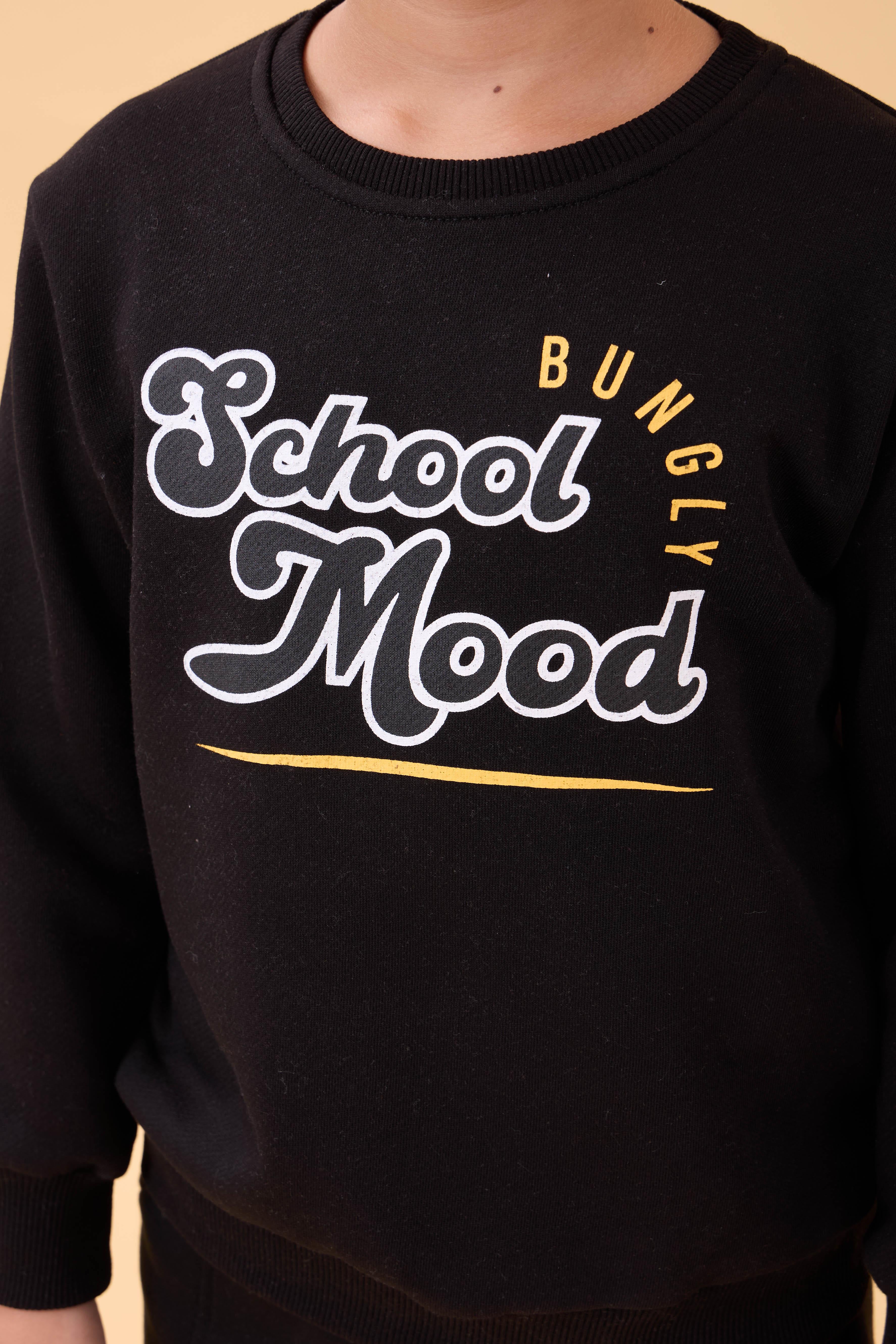Erkek ve Kız Çocuk Okul Baskılı Bisiklet Yaka Mevsimlik Sweatshirt Siyah