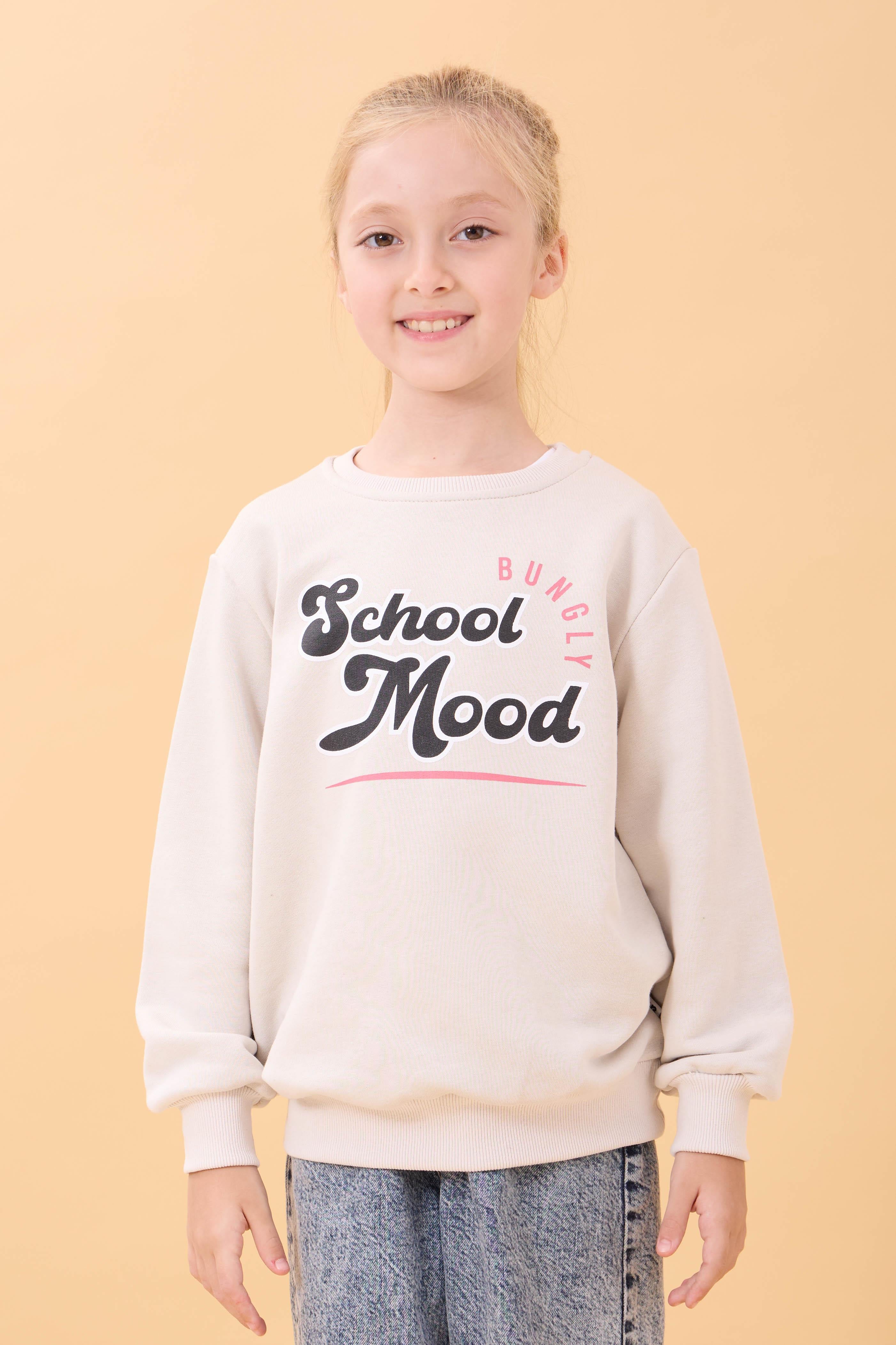 Erkek ve Kız Çocuk Okul Baskılı Bisiklet Yaka Mevsimlik Sweatshirt Taş