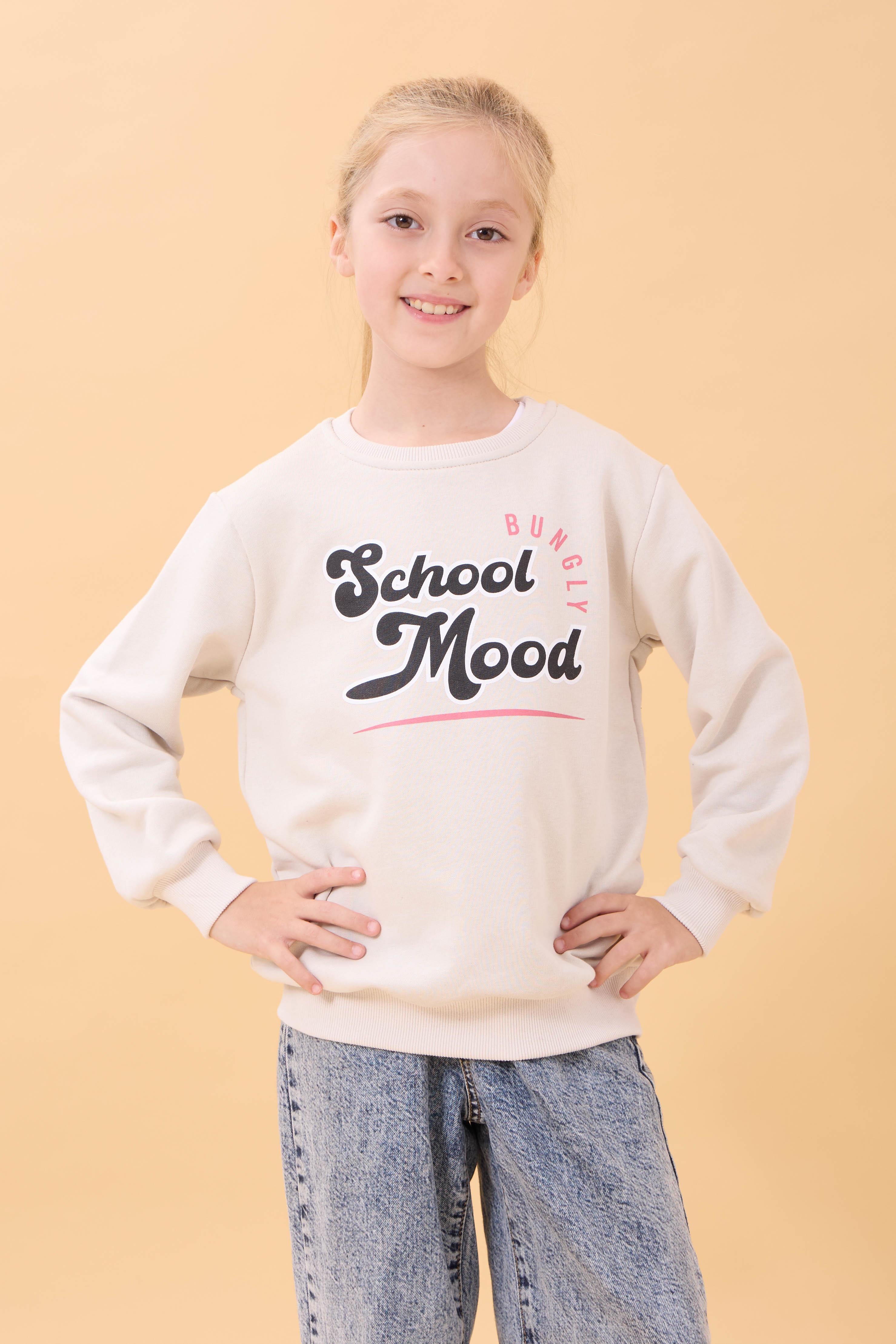 Erkek ve Kız Çocuk Okul Baskılı Bisiklet Yaka Mevsimlik Sweatshirt Taş