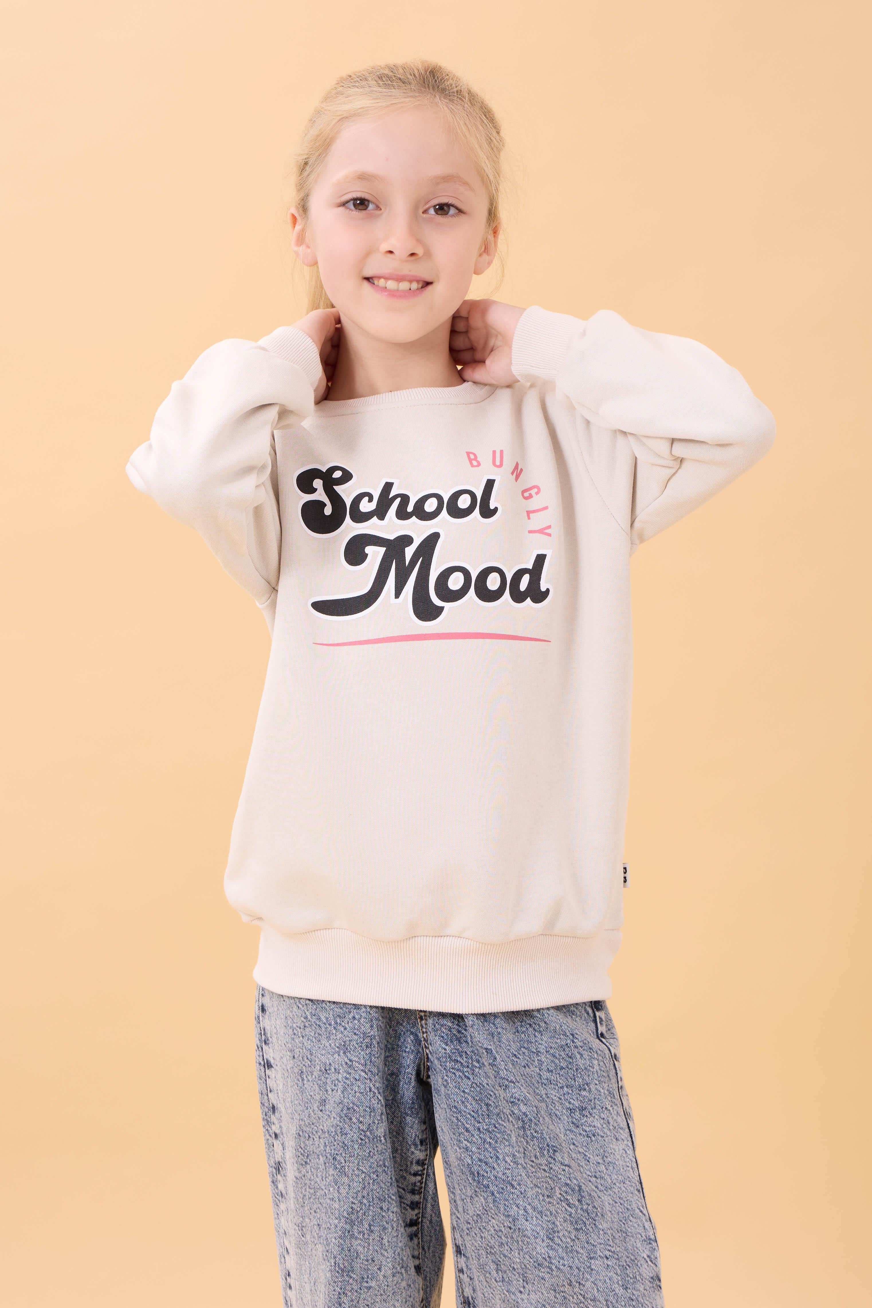 Erkek ve Kız Çocuk Okul Baskılı Bisiklet Yaka Mevsimlik Sweatshirt Taş