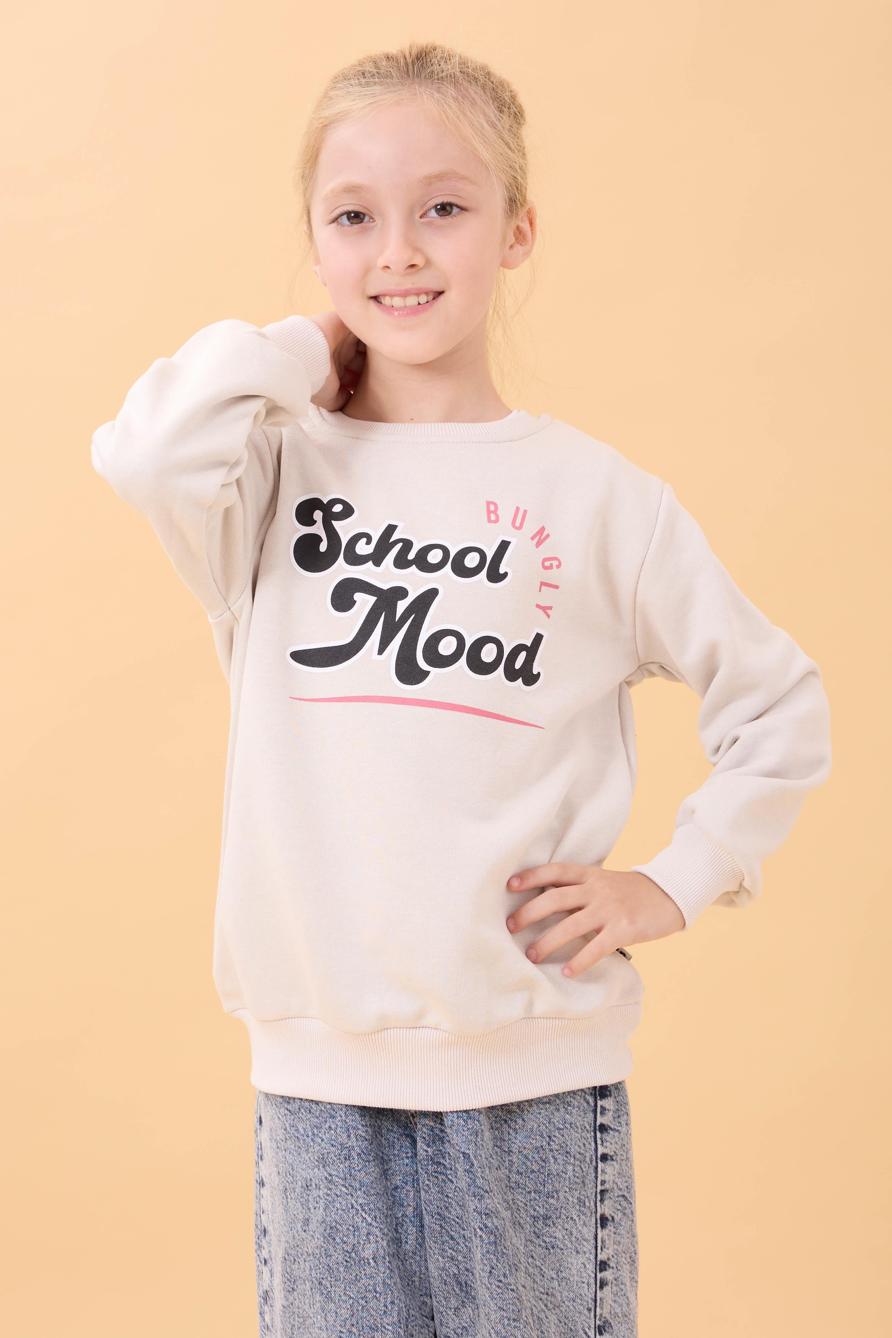 Erkek ve Kız Çocuk Okul Baskılı Bisiklet Yaka Mevsimlik Sweatshirt Taş