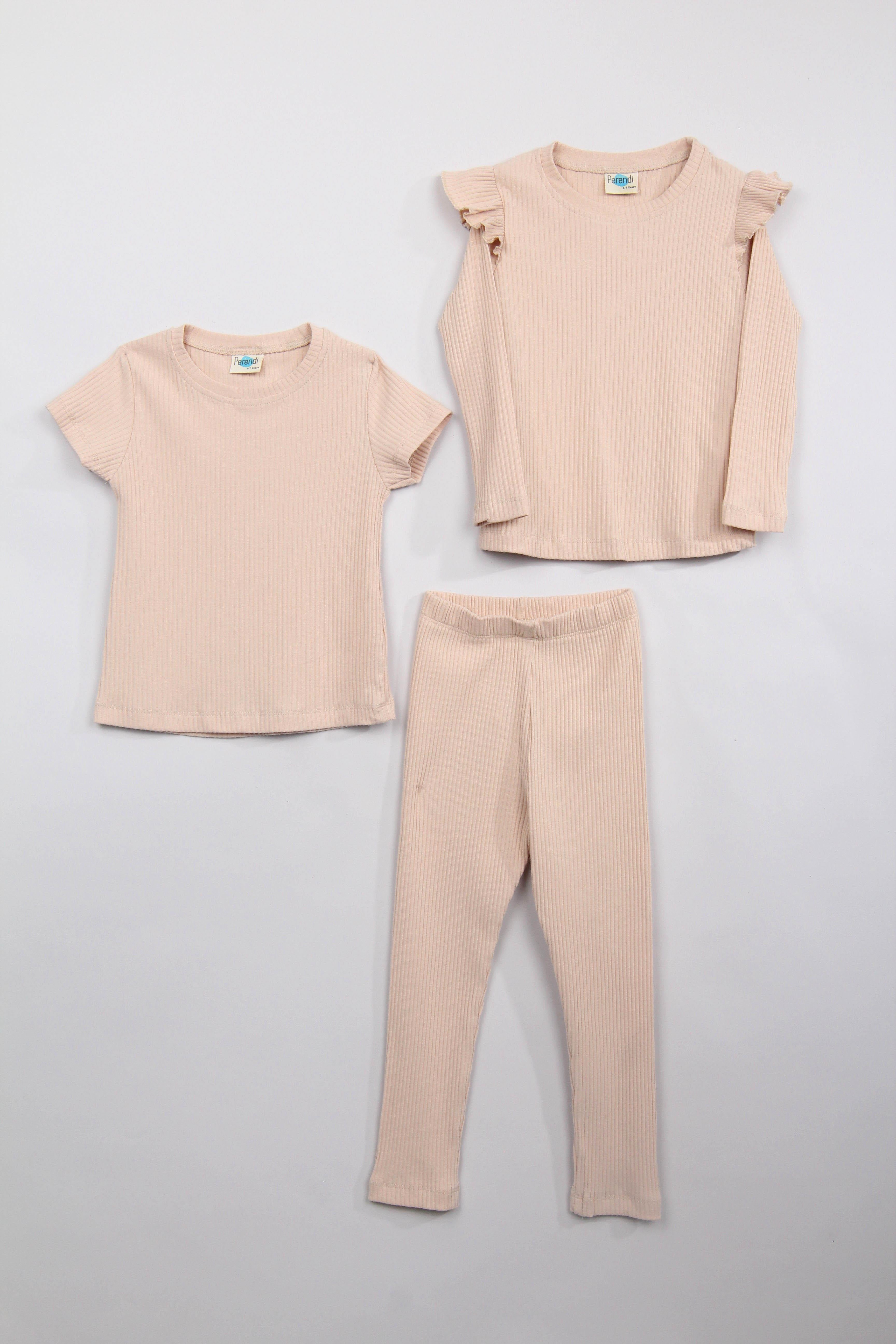 Fırfır Detaylı Pamuklu Üçlü Kız Çocuk Takımı