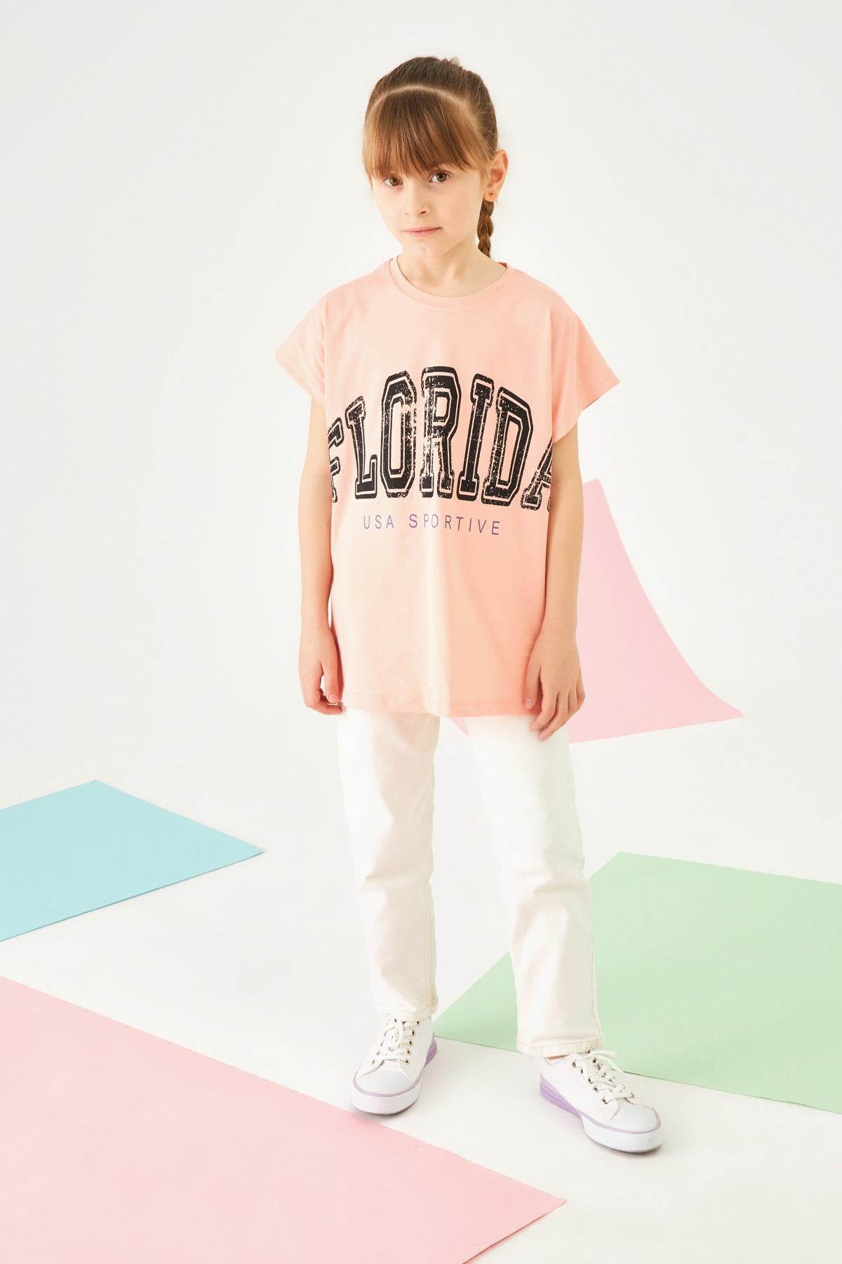 Florida Baskılı Yarasa Kol Bisiklet Yaka Kız Çocuk Tshirt