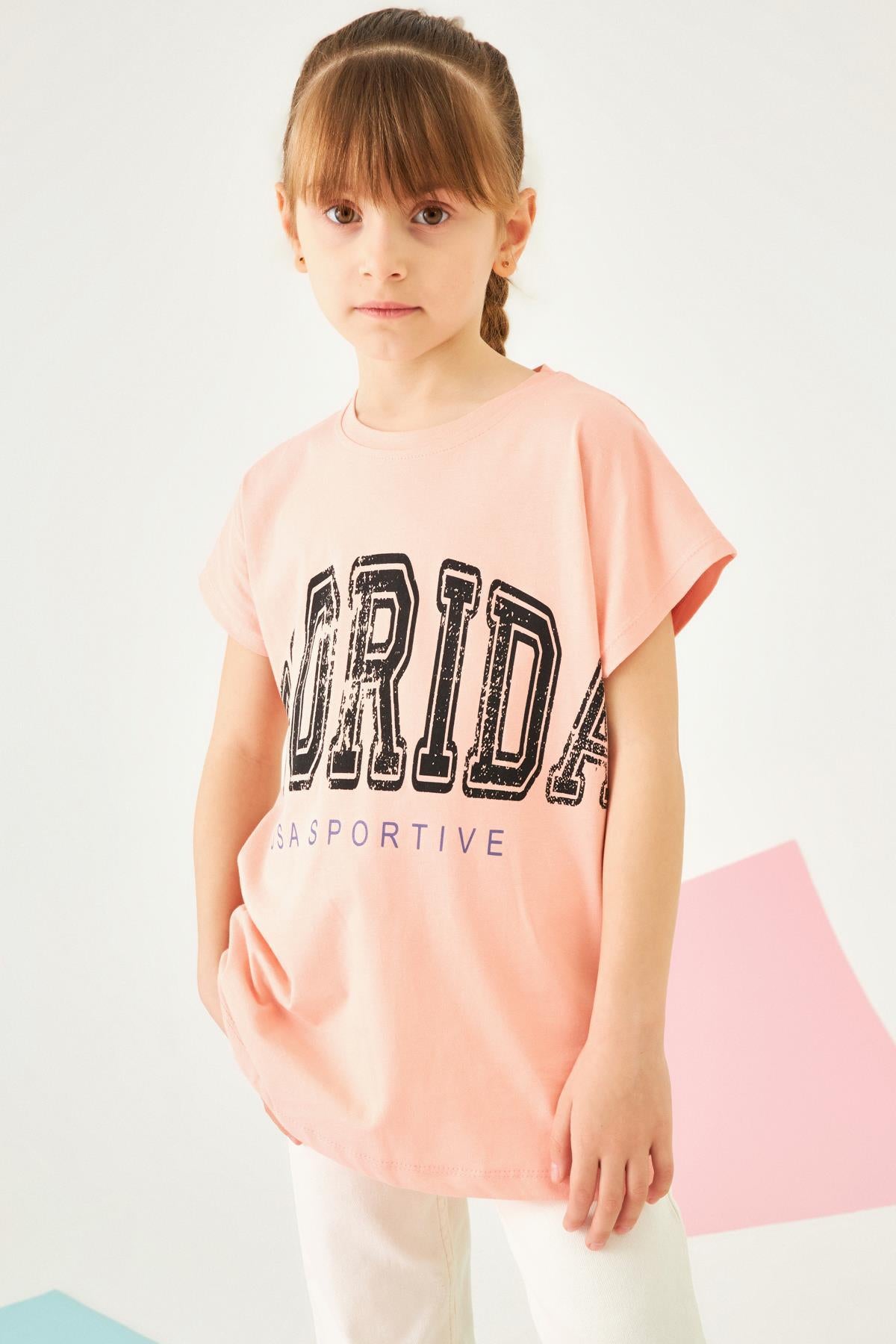 Florida Baskılı Yarasa Kol Bisiklet Yaka Kız Çocuk Tshirt