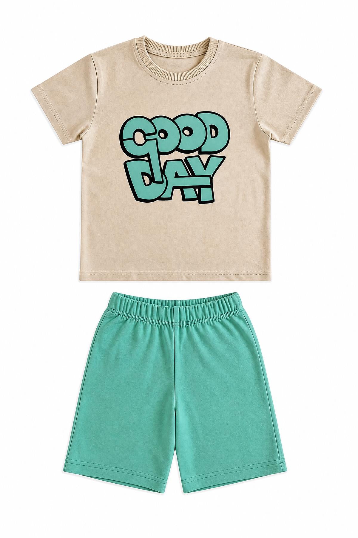 Erkek Çocuk Good Day Baskılı %100 Pamuk Şortlu Takım