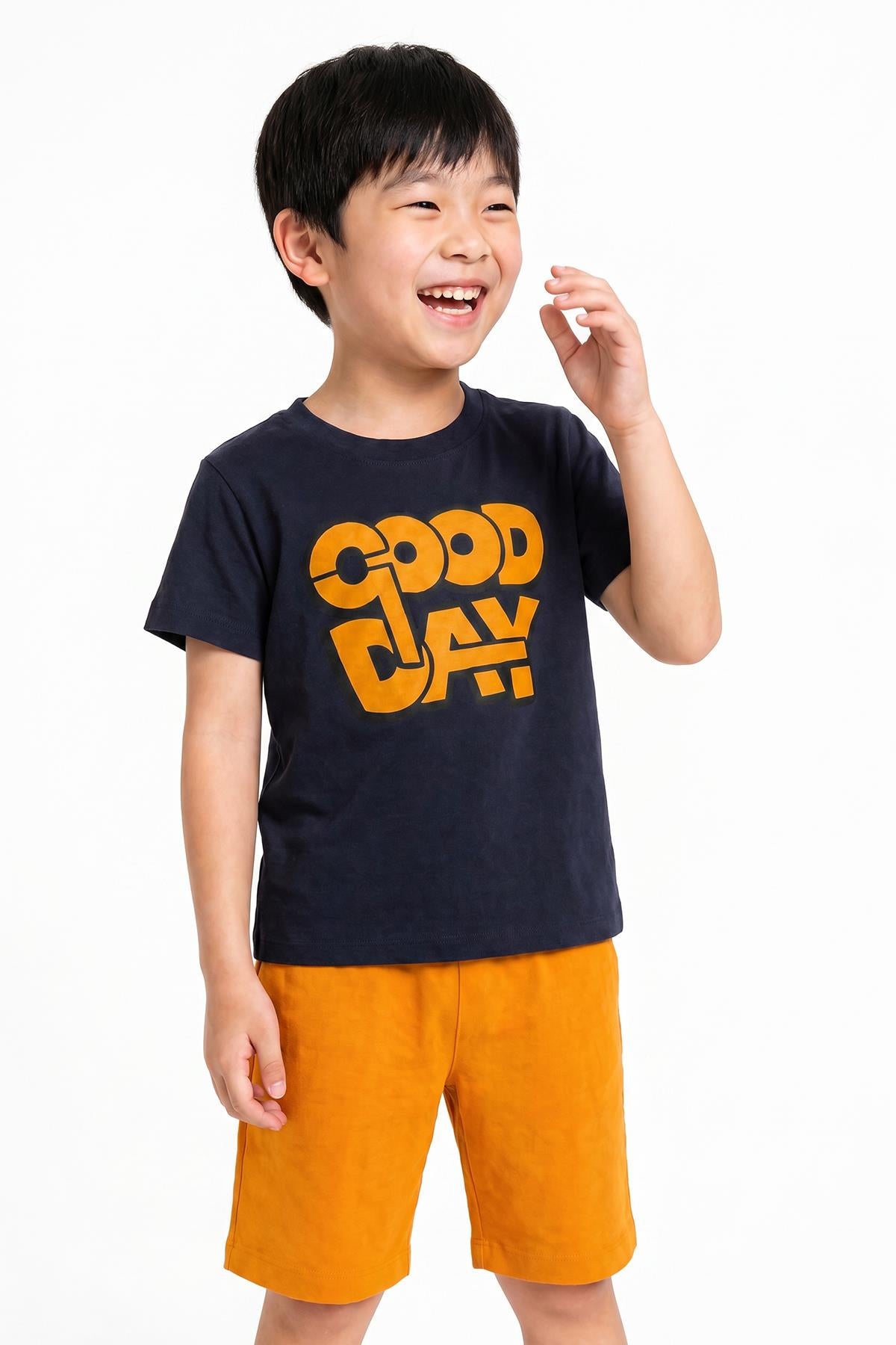 Erkek Çocuk Good Day Baskılı %100 Pamuk Şortlu Takım