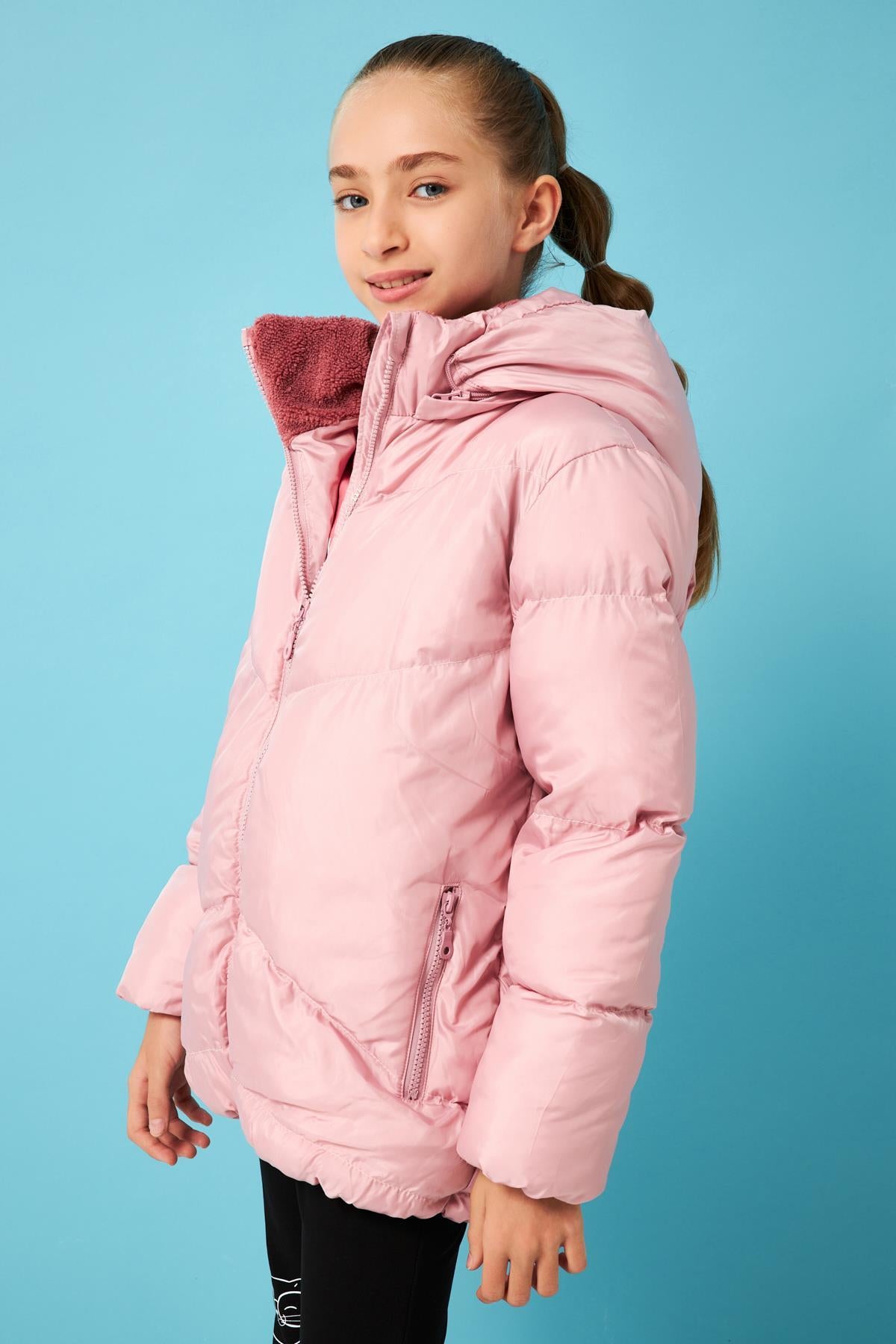 İçi Peluş Kürklü Kız Çocuk Şişme Mont