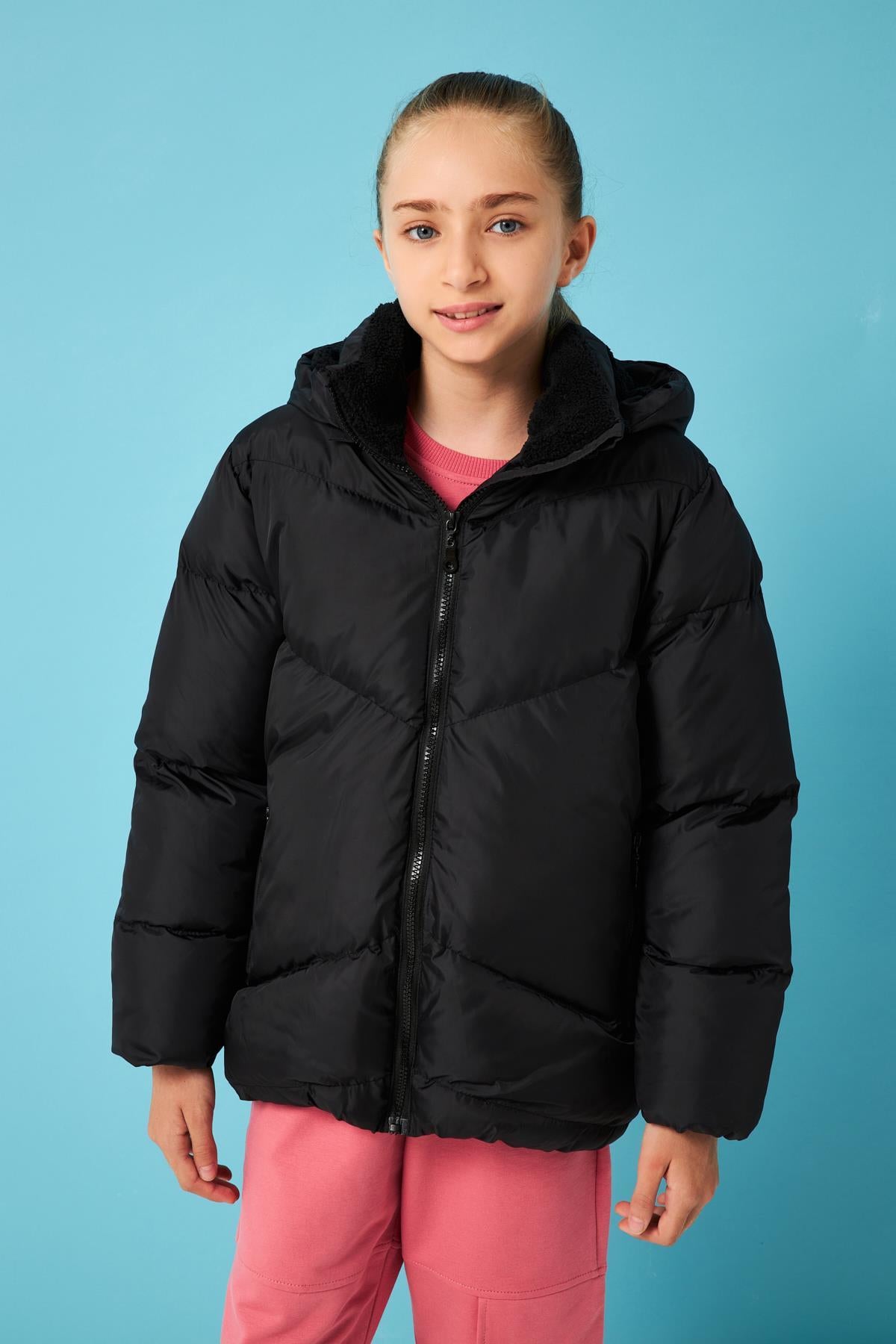 İçi Peluş Kürklü Kız Çocuk Şişme Mont