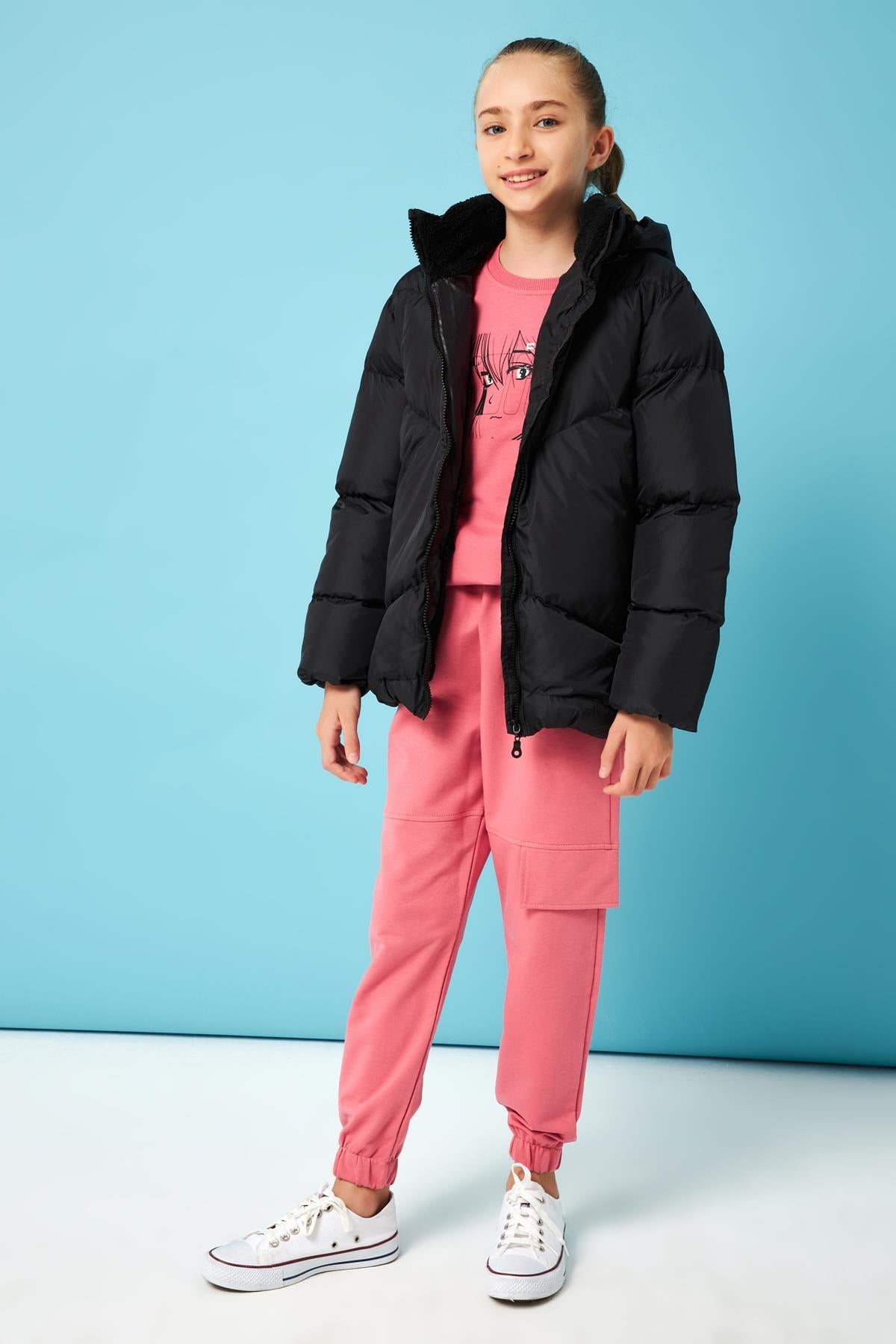 İçi Peluş Kürklü Kız Çocuk Şişme Mont