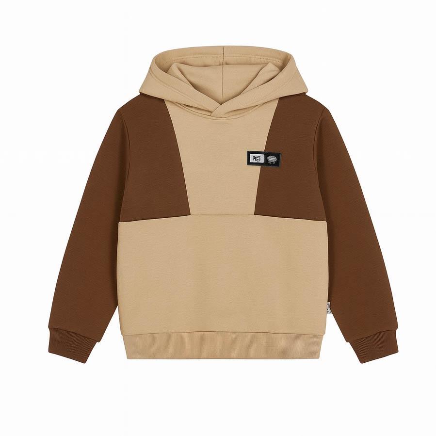 Kapüşonlu Parçalı 3 İp Erkek Çocuk Sweatshirt Bej