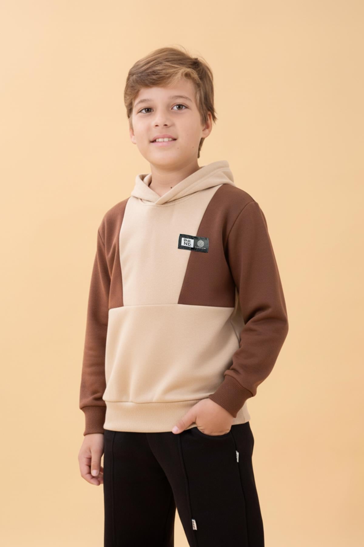 Kapüşonlu Parçalı 3 İp Erkek Çocuk Sweatshirt Bej