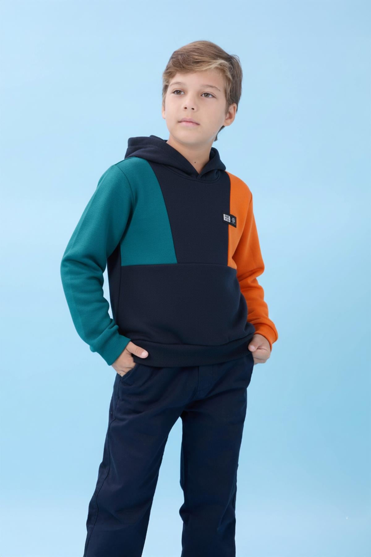 Kapüşonlu Parçalı 3 İp Erkek Çocuk Sweatshirt Lacivert