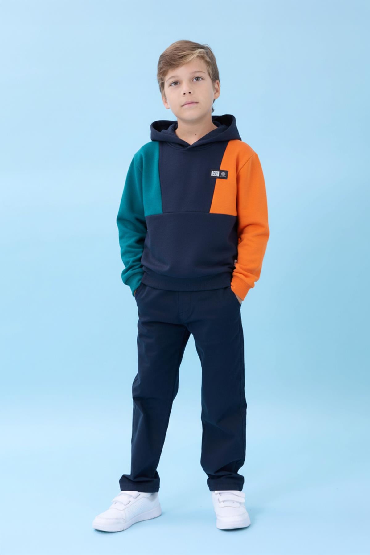 Kapüşonlu Parçalı 3 İp Erkek Çocuk Sweatshirt Lacivert