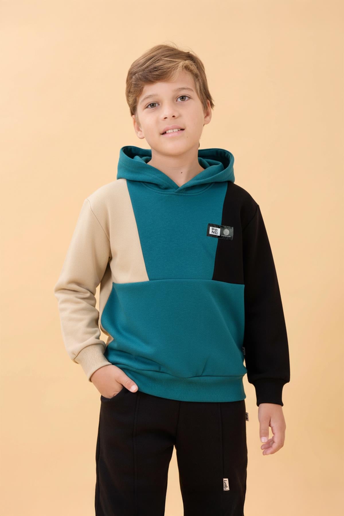 Kapüşonlu Parçalı 3 İp Erkek Çocuk Sweatshirt Petrol