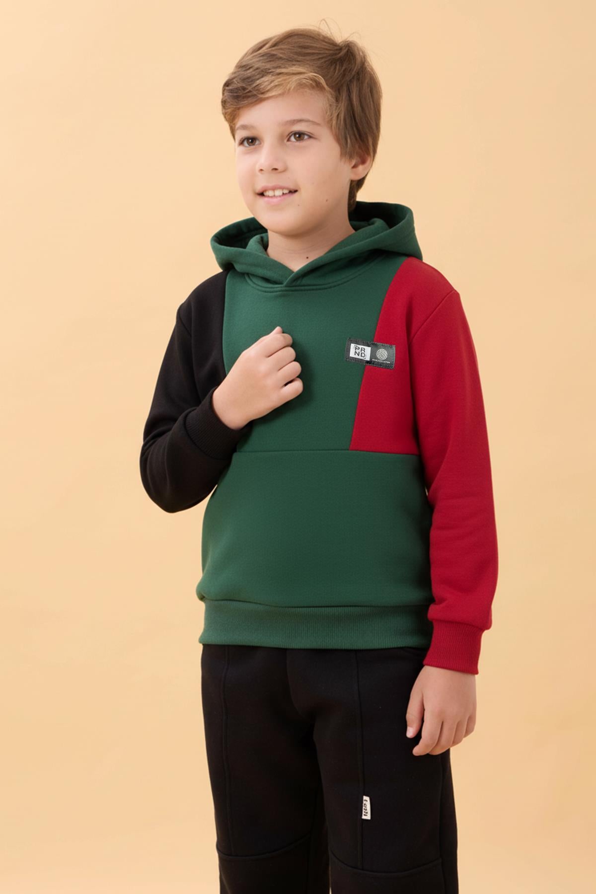 Kapüşonlu Parçalı 3 İp Erkek Çocuk Sweatshirt Yeşil