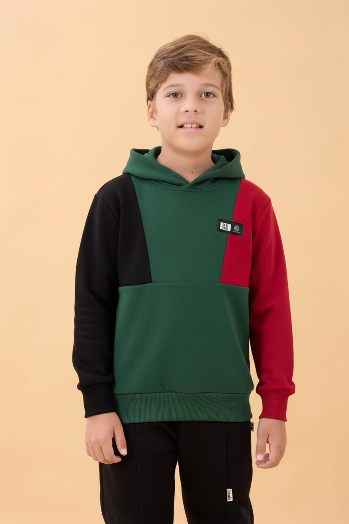 Kapüşonlu Parçalı 3 İp Erkek Çocuk Sweatshirt Yeşil
