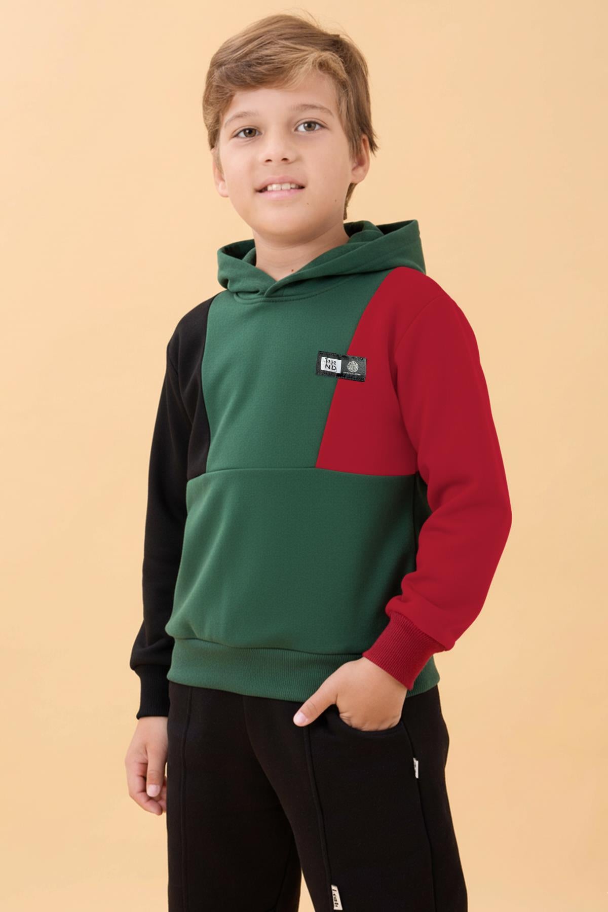 Kapüşonlu Parçalı 3 İp Erkek Çocuk Sweatshirt Yeşil