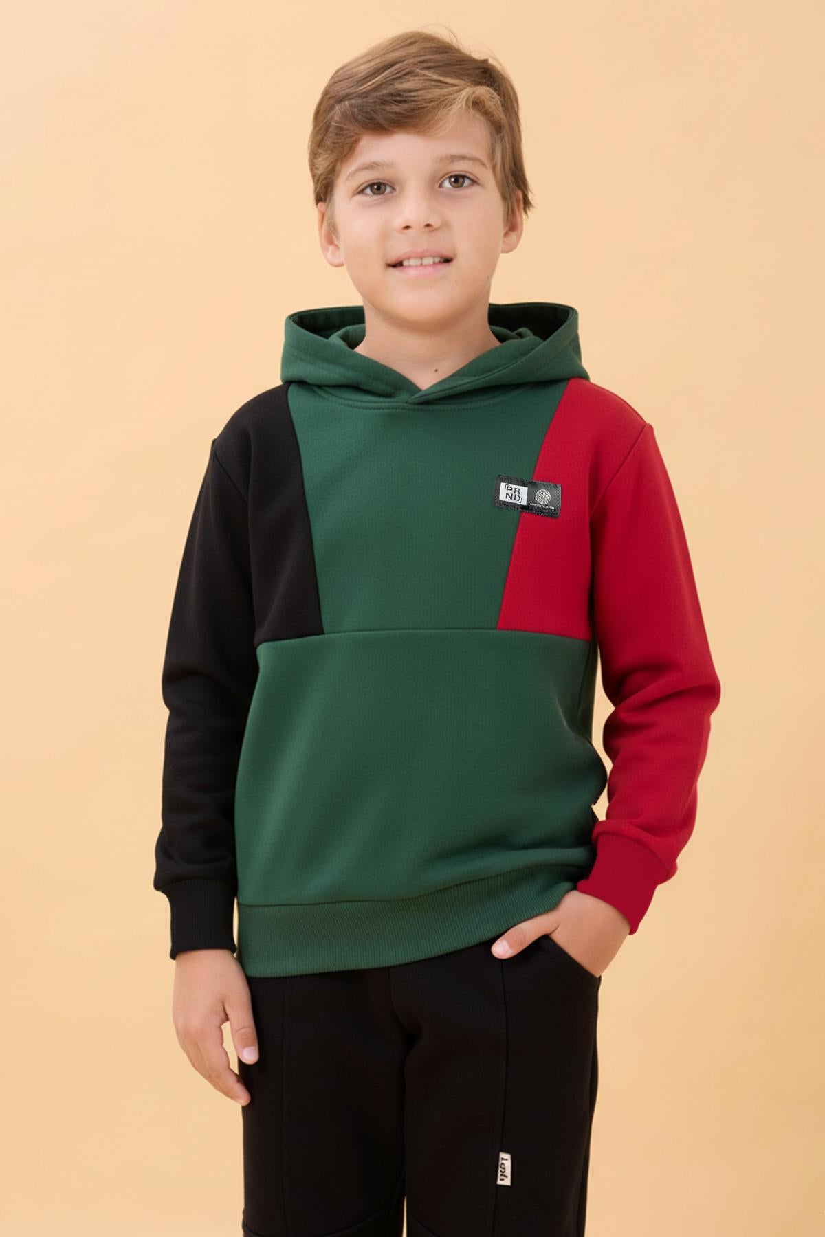 Kapüşonlu Parçalı 3 İp Erkek Çocuk Sweatshirt Yeşil