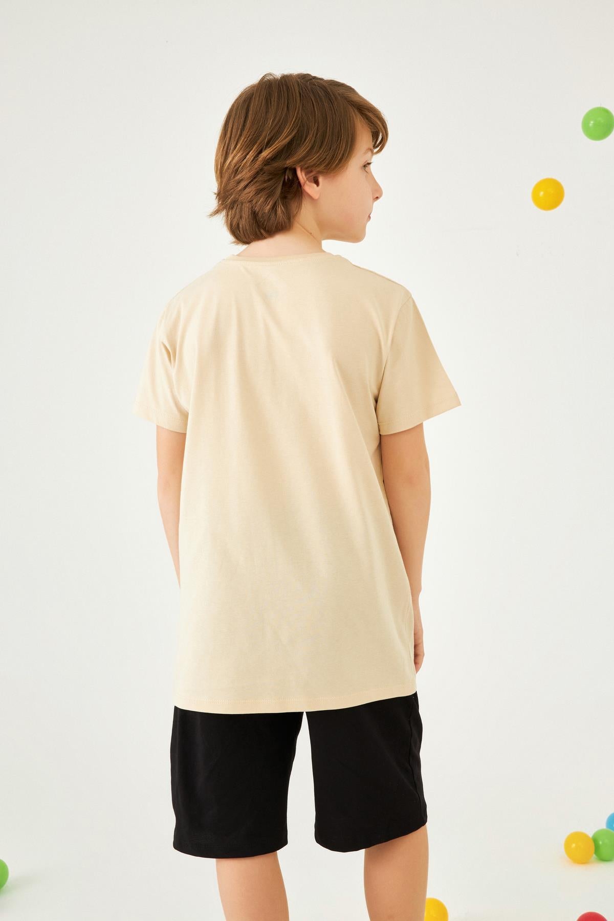 Kare Baskılı Bisiklet Yaka Pamuk Tshirt