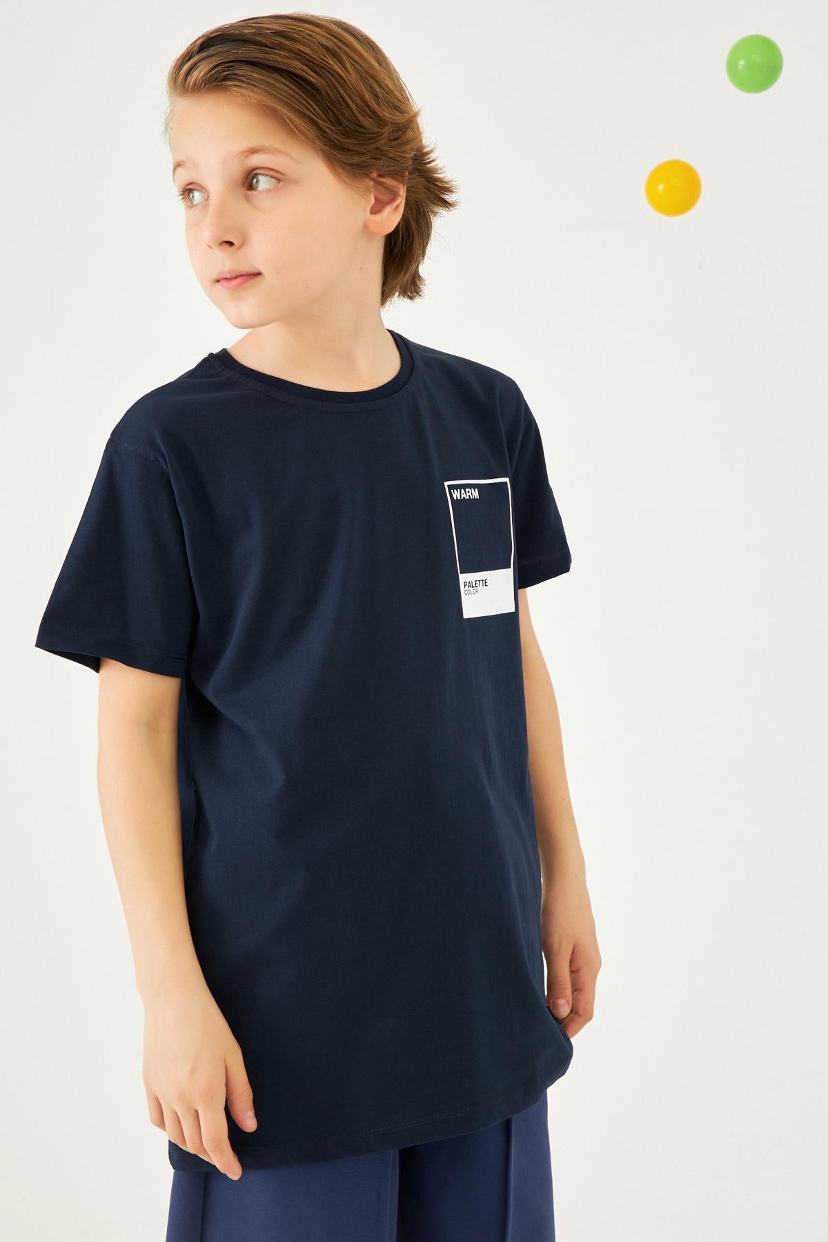 Kare Baskılı Bisiklet Yaka Pamuk Tshirt