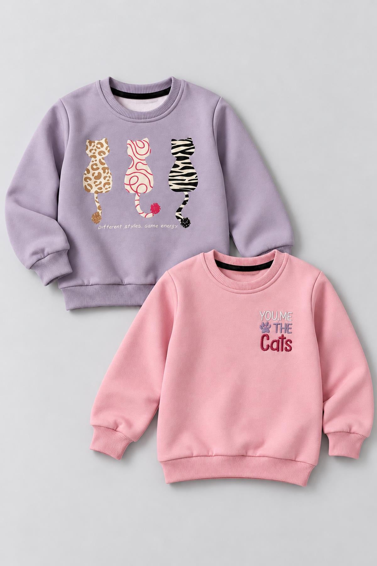 Kız Çocuk 2'li Kedi Baskılı ve Nakışlı Kışlık Sweatshirt