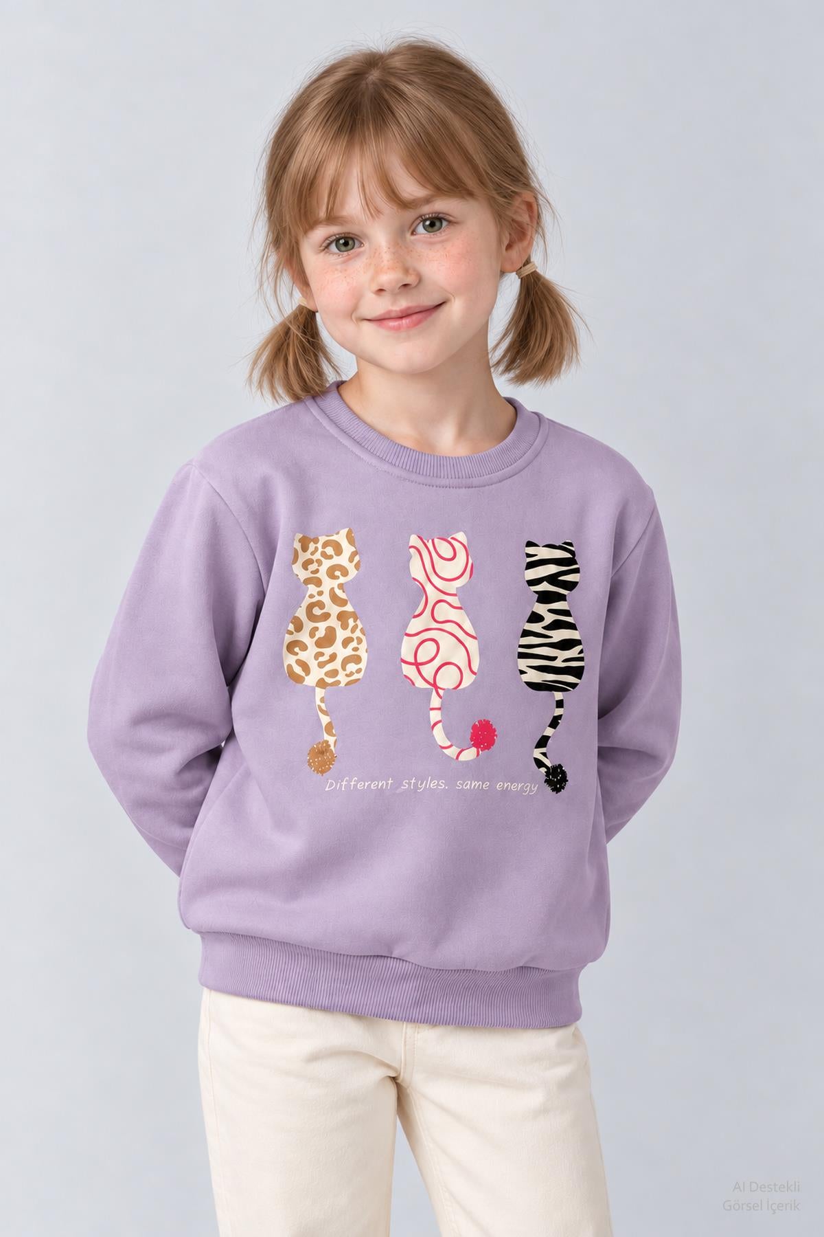 Kız Çocuk 2'li Kedi Baskılı ve Nakışlı Kışlık Sweatshirt