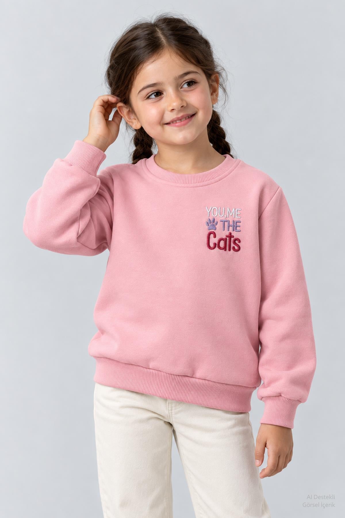 Kız Çocuk 2'li Kedi Baskılı ve Nakışlı Kışlık Sweatshirt